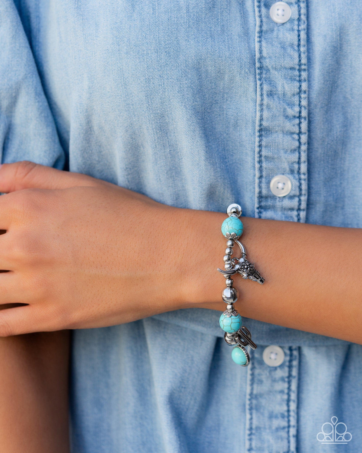 Western Welcome Turquoise Blue & Silver Charm Bracelet - Paparazzi Accessories- on model - CarasShop.com - Paparazzi Jewelry by Cara Jewels