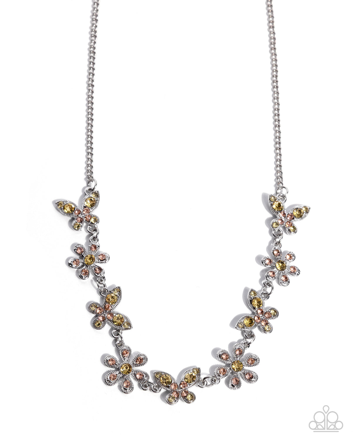 Whimsical Indulgence Yellow Rhinestone Butterfly Necklace & Earrings Set - Paparazzi Accessories-on model - CarasShop.com - Paparazzi Jewelry by Cara Jewels