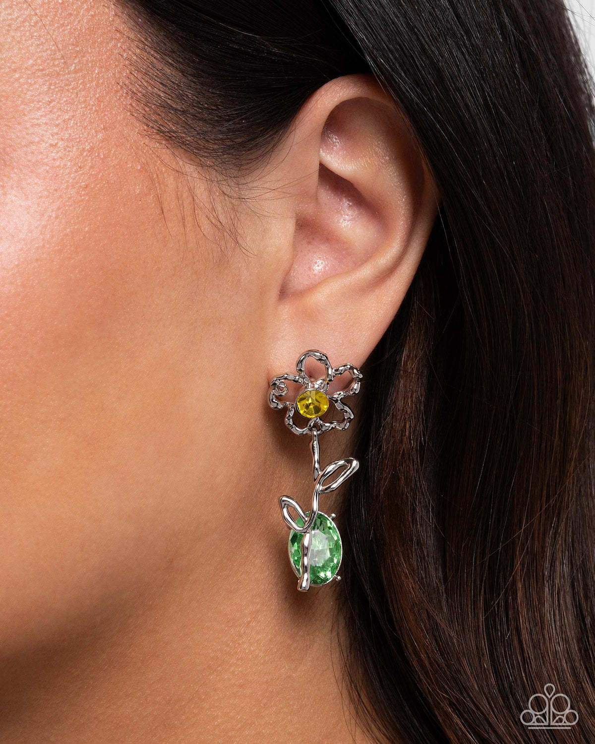 Whimsical Welcome Yellow Rhinestone Flower Earrings - Paparazzi Accessories- on model - CarasShop.com - Paparazzi Jewelry by Cara Jewels