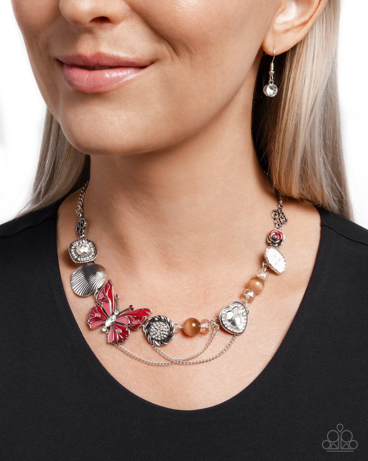 Whimsical Whisper Red Butterfly Necklace - Paparazzi Accessories- on model - CarasShop.com - Paparazzi Jewelry by Cara Jewels