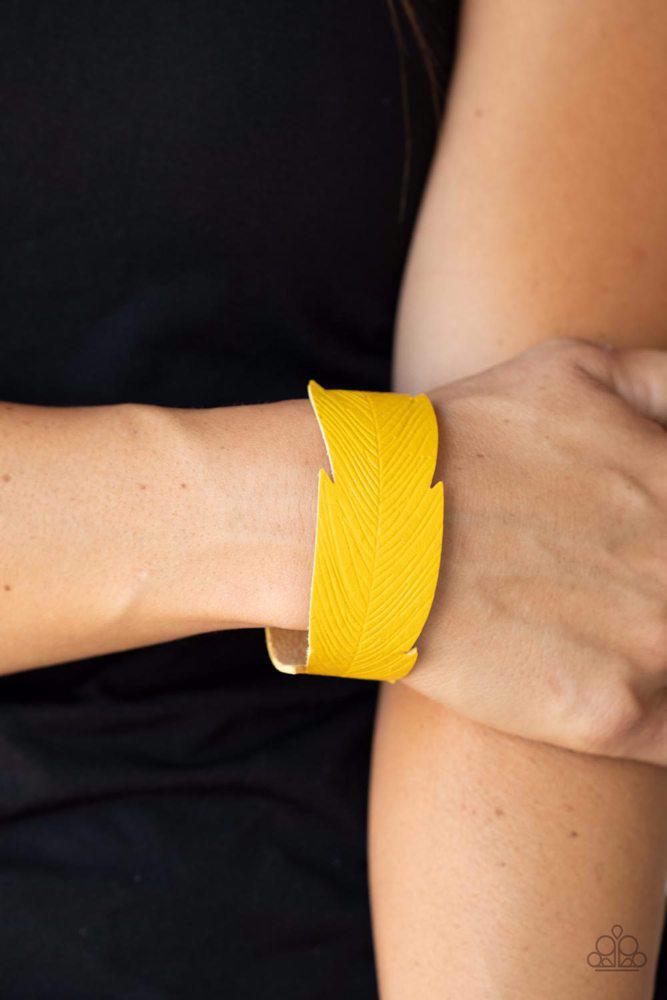 Whimsically Winging It Yellow Bracelet - Paparazzi Accessories- on model - CarasShop.com - Paparazzi Jewelry by Cara Jewels