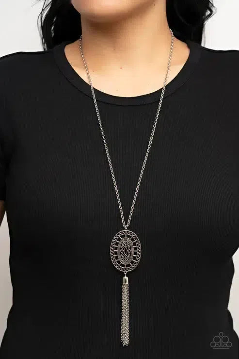 Whimsically Wistful Silver Necklace - Paparazzi Accessories-on model - CarasShop.com - Paparazzi Jewelry by Cara Jewels