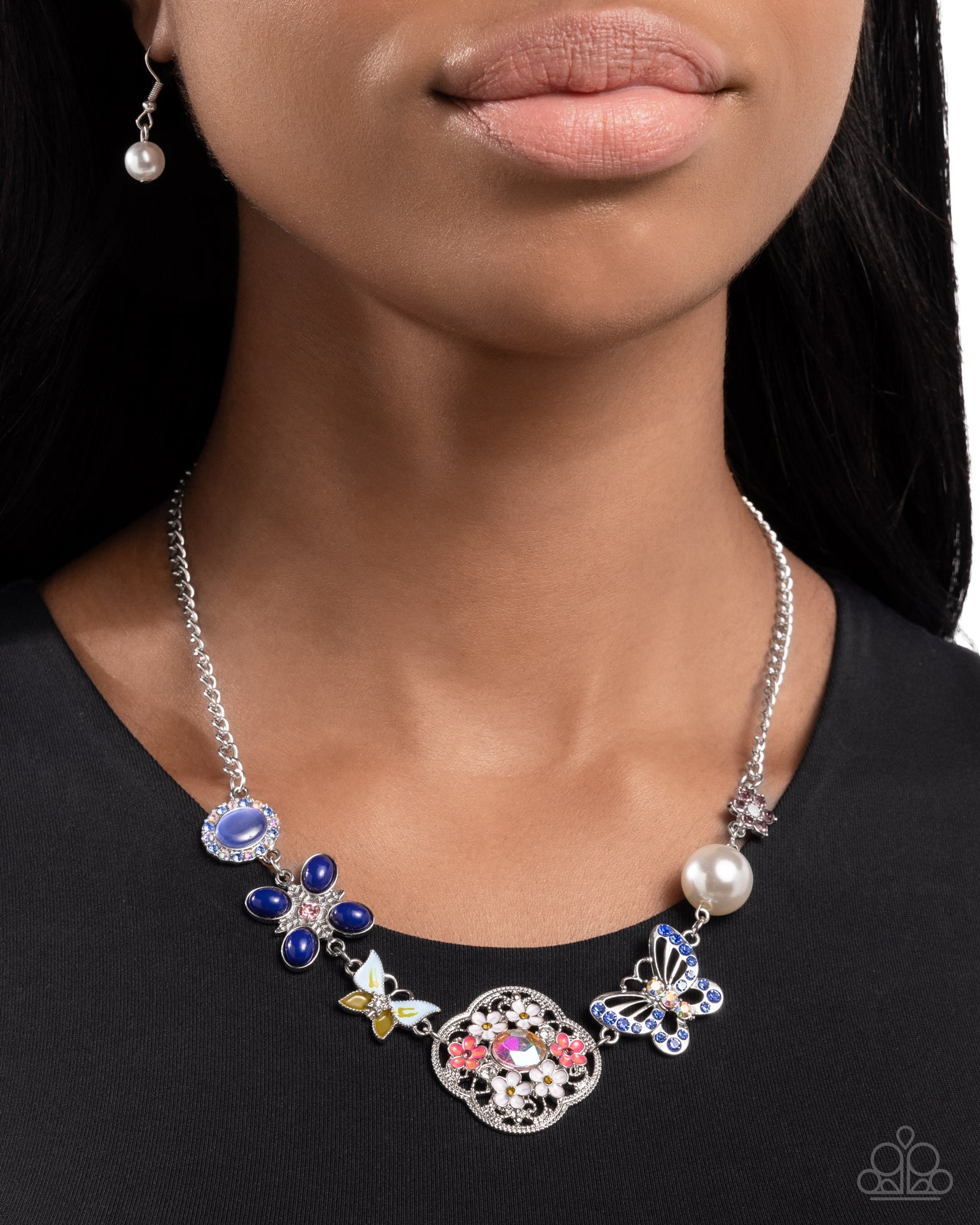 Widespread Whimsy Blue Butterfly & Floral Necklace - Paparazzi Accessories- lightbox - CarasShop.com - Paparazzi Jewelry by Cara Jewels