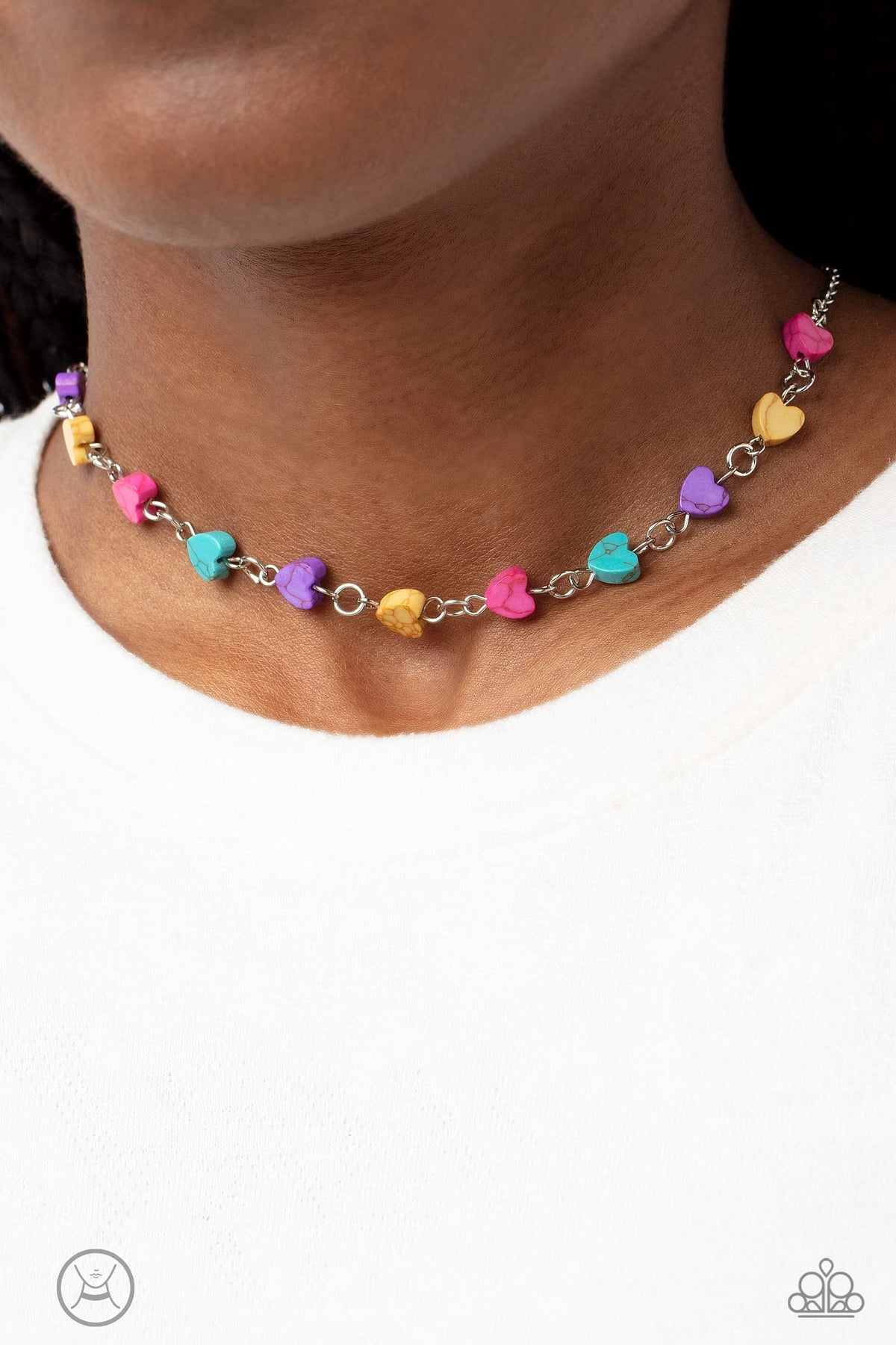 Wild at Heart Pink & Multi Stone Heart Choker Necklace - Paparazzi Accessories- on model - CarasShop.com - Paparazzi Jewelry by Cara Jewels