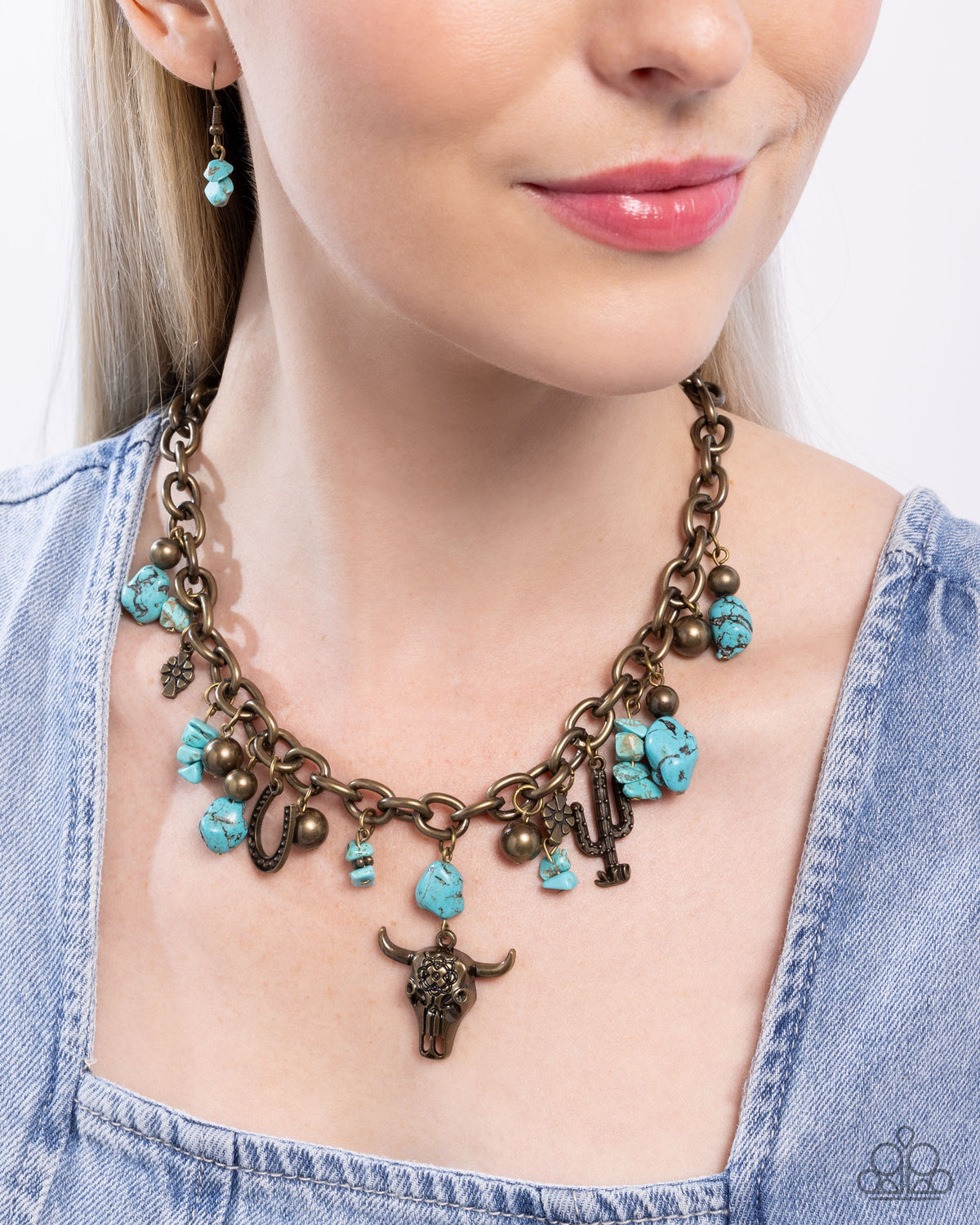 Wild West Whimsy Brass Necklace on model - Paparazzi Accessories- CarasShop.com - Paparazzi Jewelry by Cara Jewels