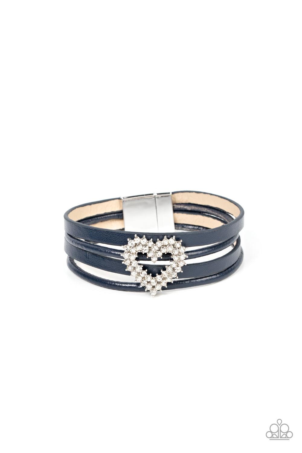 Wildly in Love Blue Rhinestone Heart Leather Bracelet - Paparazzi Accessories- lightbox - CarasShop.com - Paparazzi Jewelry by Cara Jewels