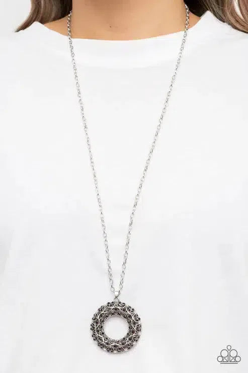 Wintry Wreath Purple Necklace - Paparazzi Accessories- on model - CarasShop.com - Paparazzi Jewelry by Cara Jewels