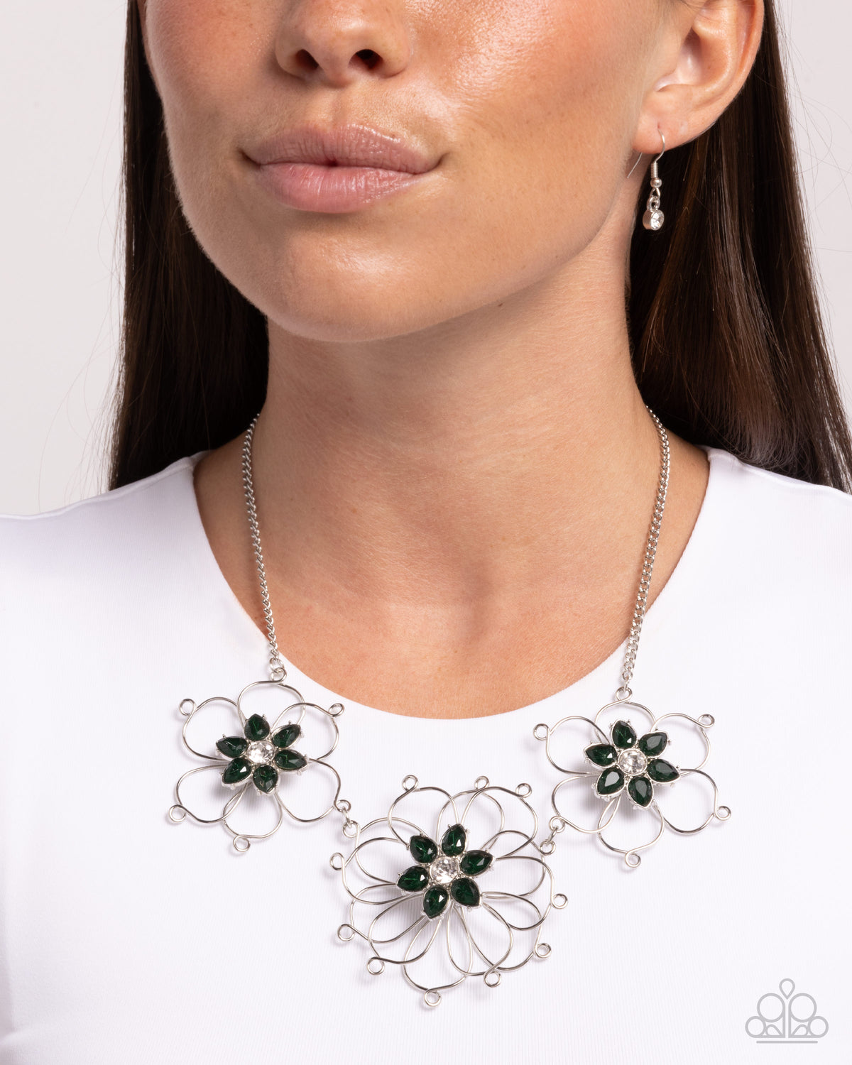 Wiry Welcome Green & Silver Flower Necklace - Paparazzi Accessories-on model - CarasShop.com - Paparazzi Jewelry by Cara Jewels