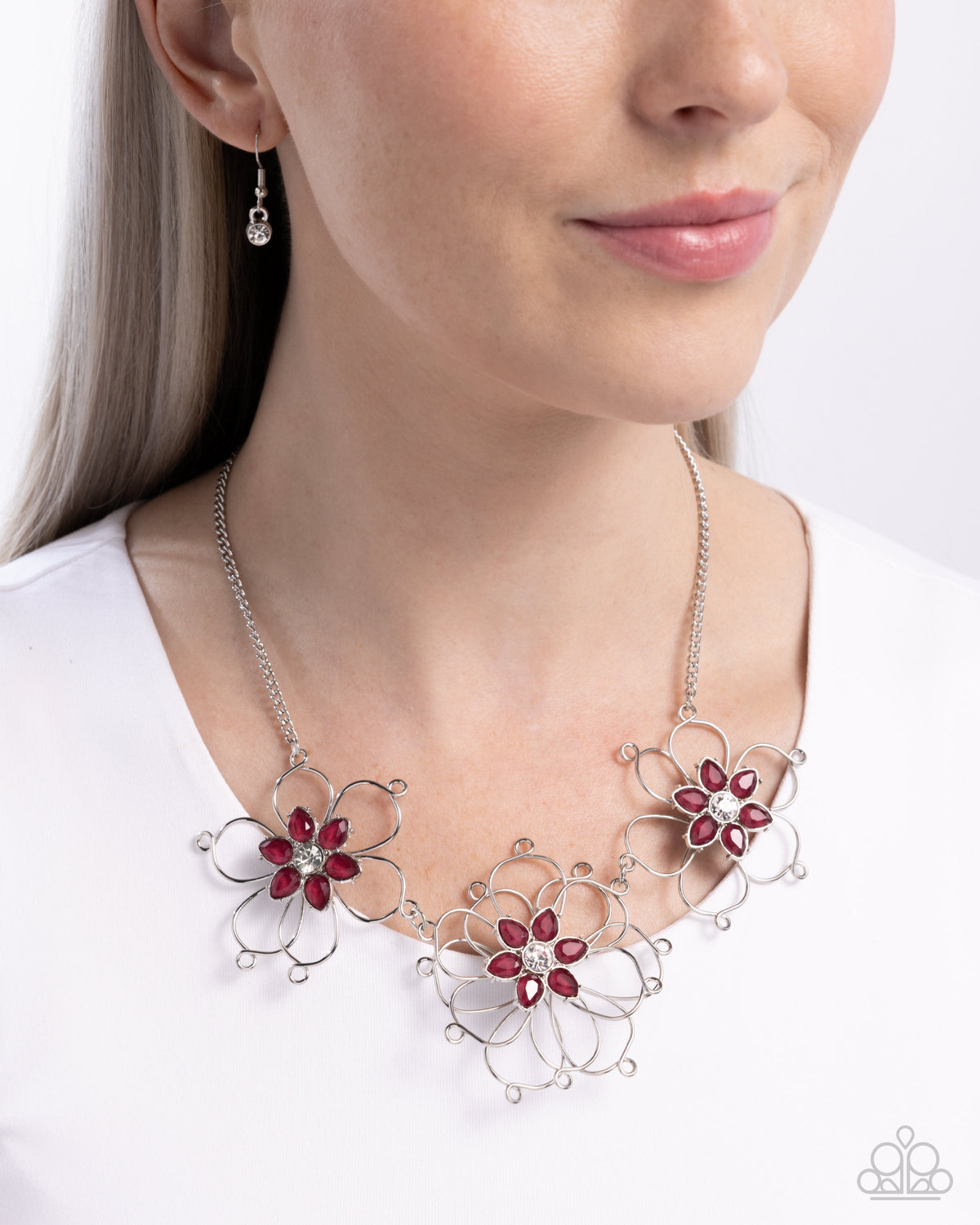Wiry Welcome Pink Rhinestone Floral Necklace - Paparazzi Accessories-on model - CarasShop.com - Paparazzi Jewelry by Cara Jewels