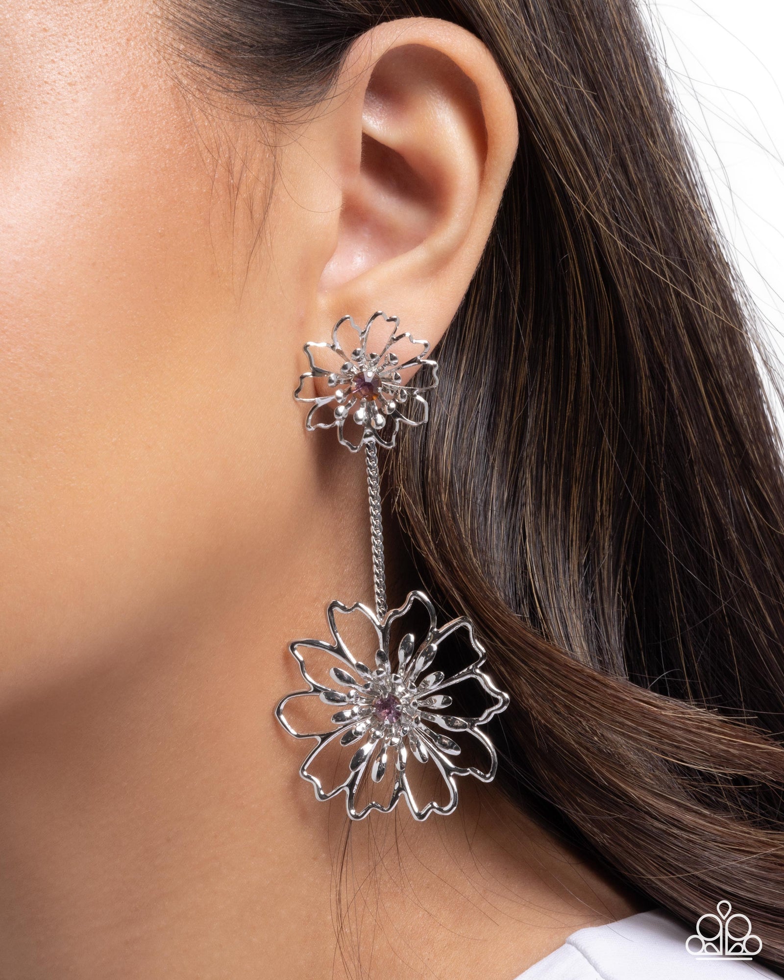 Wiry Whimsy Purple Rhinestone & Silver Flower Earrings - Paparazzi Accessories- lightbox - CarasShop.com - Paparazzi Jewelry by Cara Jewels