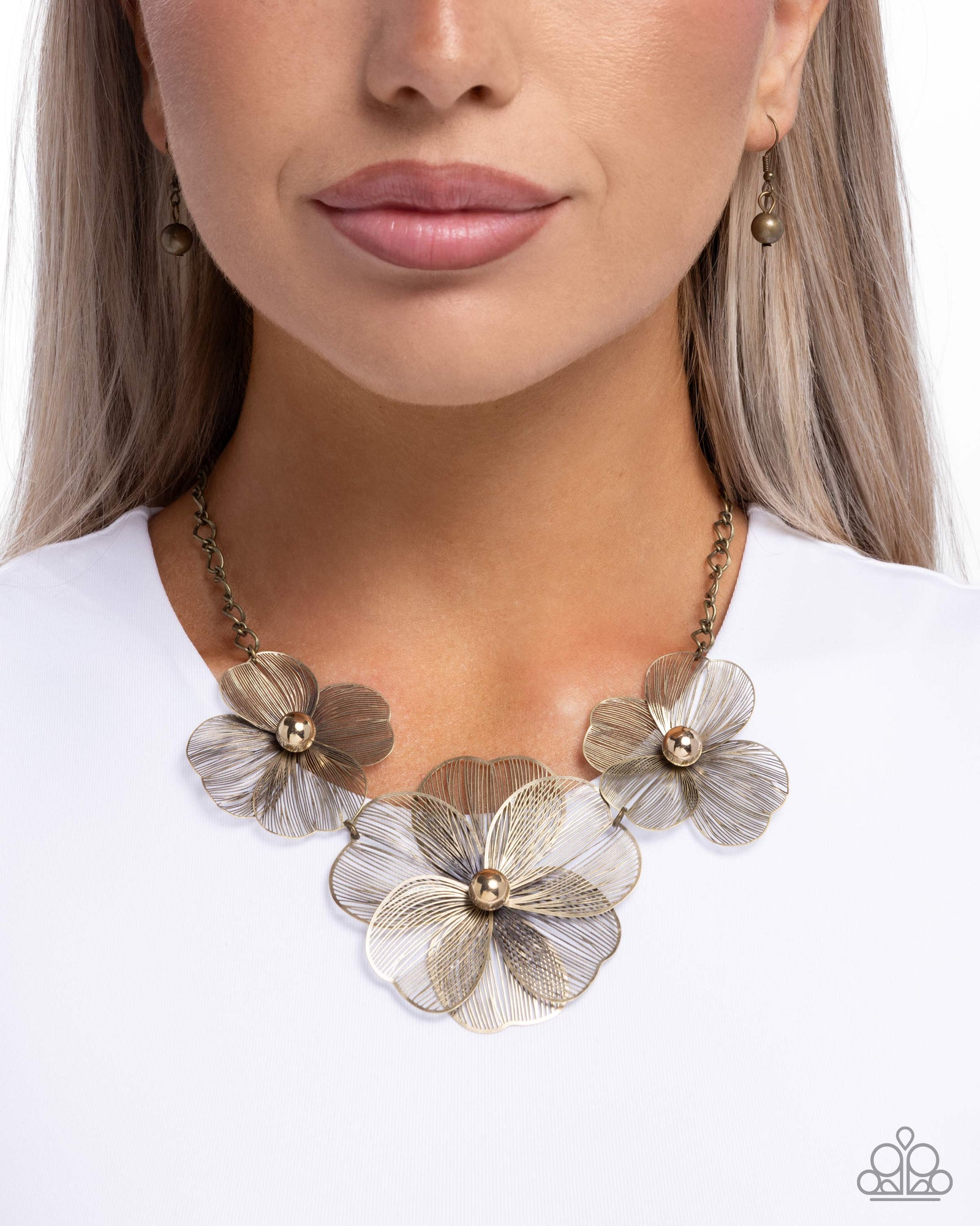 Wiry Wreath Brass Flower Necklace - Paparazzi Accessories- lightbox - CarasShop.com - Paparazzi Jewelry by Cara Jewels