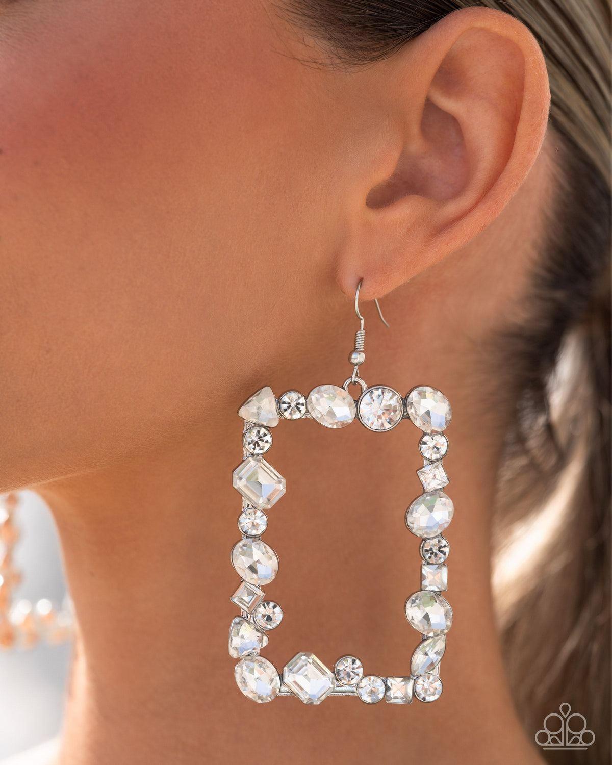 Wishful Wardrobe White Rhinestone Earrings - Paparazzi Accessories- on model - CarasShop.com - Paparazzi Jewelry by Cara Jewels