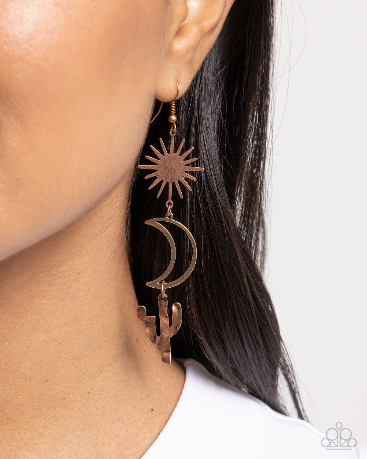 Wishfully Western Copper Star & Cactus Earrings - Paparazzi Accessories- on model - CarasShop.com - Paparazzi Jewelry by Cara Jewels
