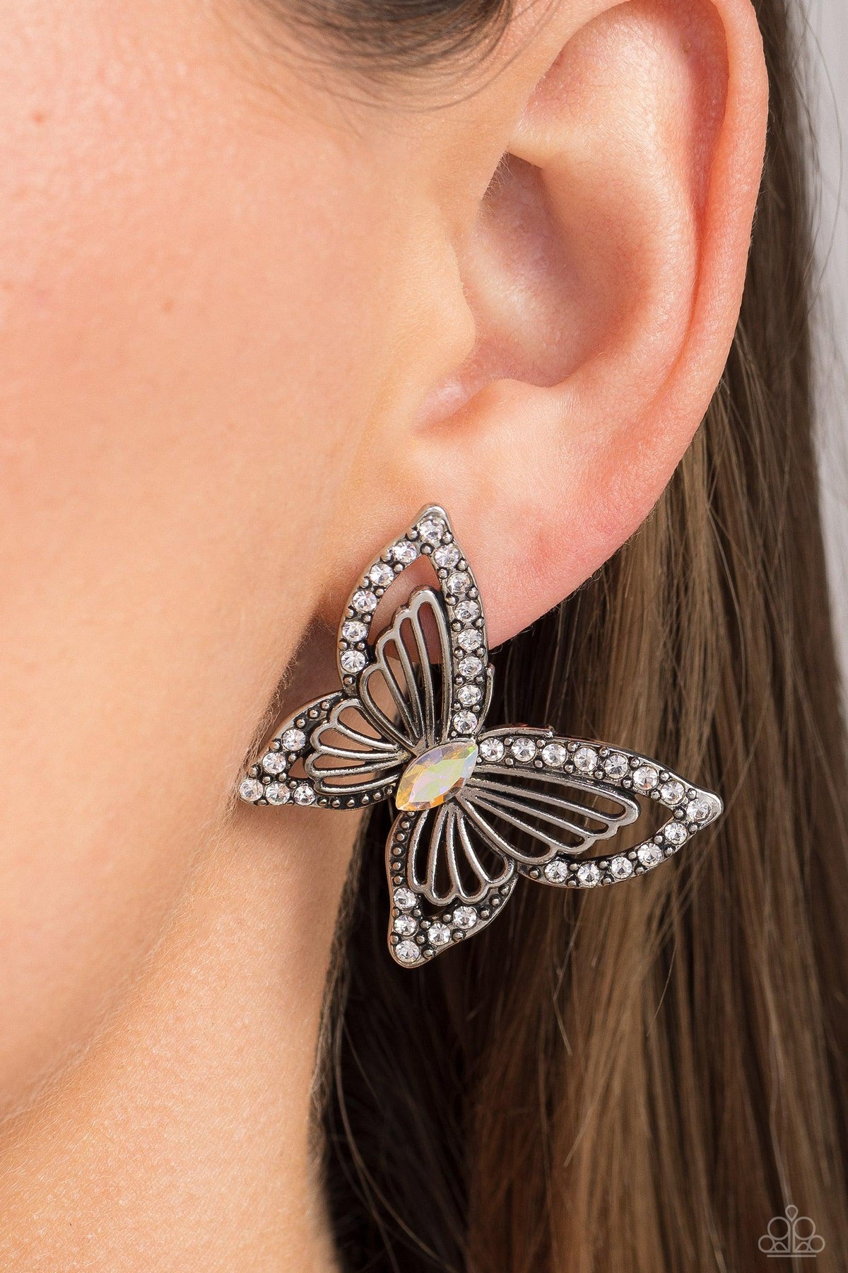 Wispy Wings Multi & White Gem Butterfly Earrings - Paparazzi Accessories- on model - CarasShop.com - Paparazzi Jewelry by Cara Jewels