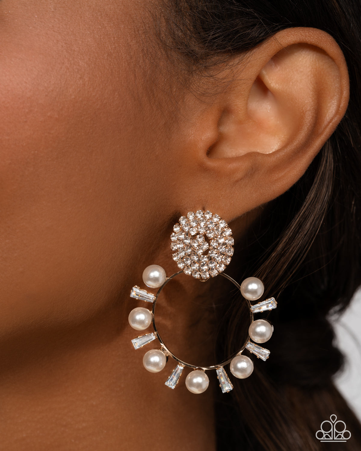 Wistfully Waltzing Gold & White Pearl Earrings - Paparazzi Accessories-on model - CarasShop.com - Paparazzi Jewelry by Cara Jewels