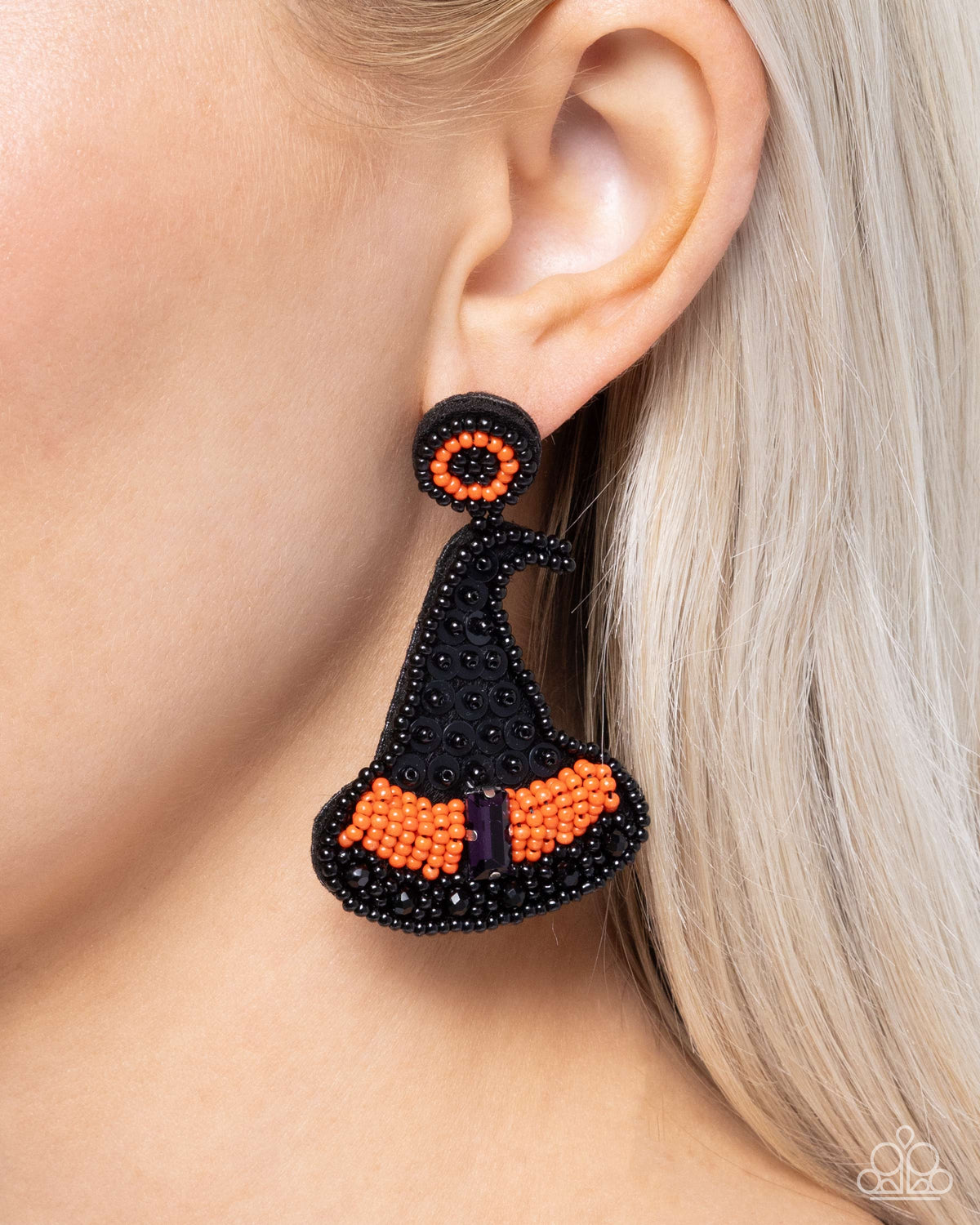 Witch Hunt Black & Orange Witches Hat Earrings - Paparazzi Accessories- on model - CarasShop.com - Paparazzi Jewelry by Cara Jewels