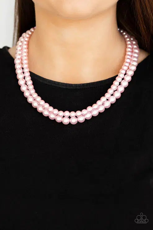 Woman Of The Century Pink Pearl Necklace - Paparazzi Accessories- on model - CarasShop.com - Paparazzi Jewelry by Cara Jewels
