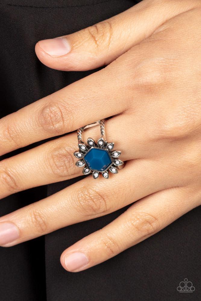 Wonderfully Wallflower Blue Ring - Paparazzi Accessories- on model - CarasShop.com - Paparazzi Jewelry by Cara Jewels