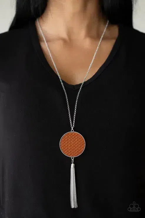 Wonderously Woven Brown Necklace - Paparazzi Accessories-on model - CarasShop.com - Paparazzi Jewelry by Cara Jewels