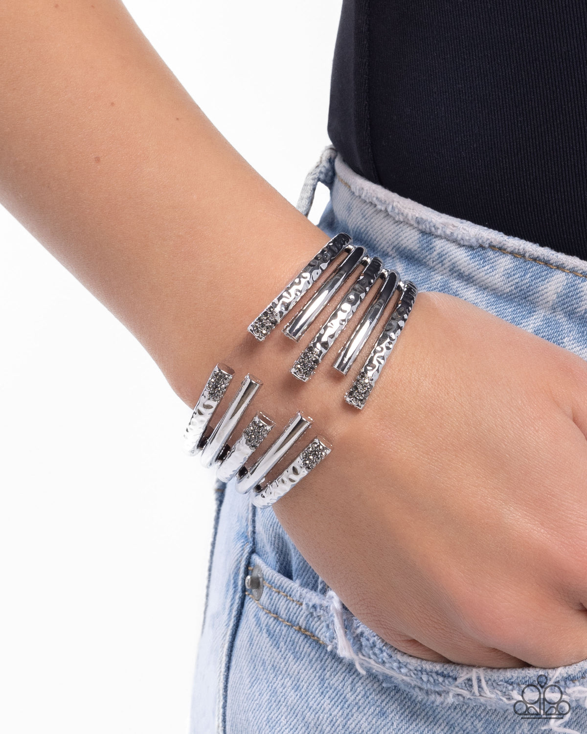 Working Wraparound Silver Cuff Bracelet - Paparazzi Accessories-on model - CarasShop.com - Paparazzi Jewelry by Cara Jewels