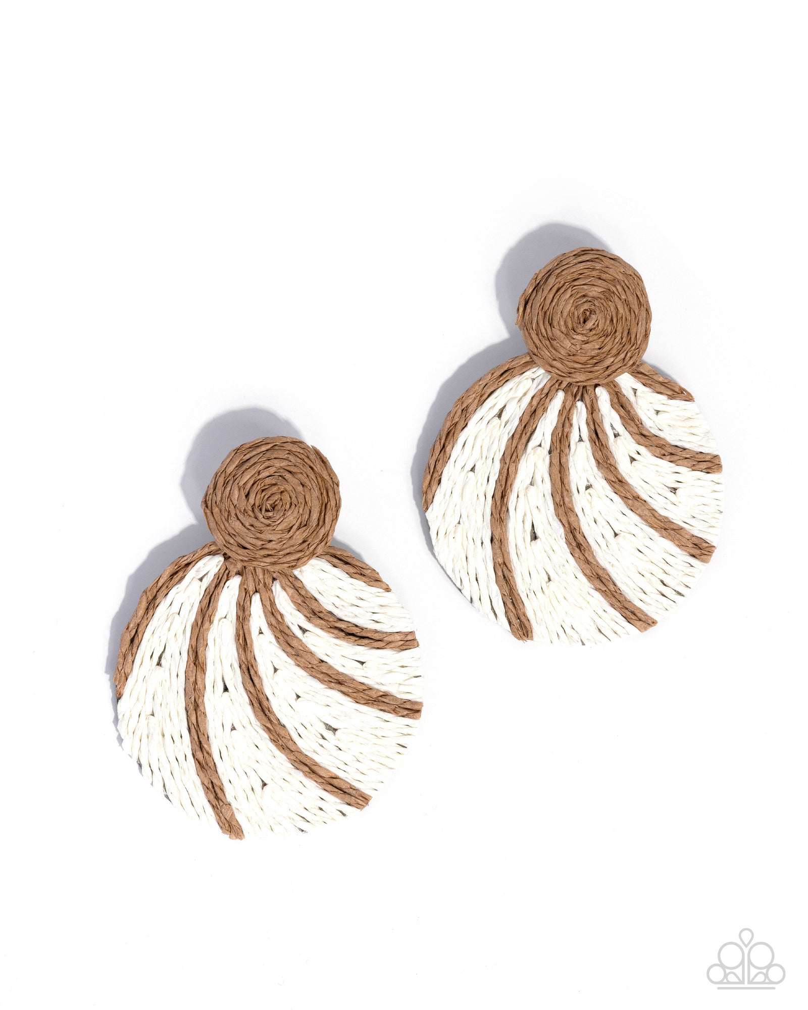 Woven Waltz White & Brown Raffia Earrings - Paparazzi Accessories- lightbox - CarasShop.com - Paparazzi Jewelry by Cara Jewels