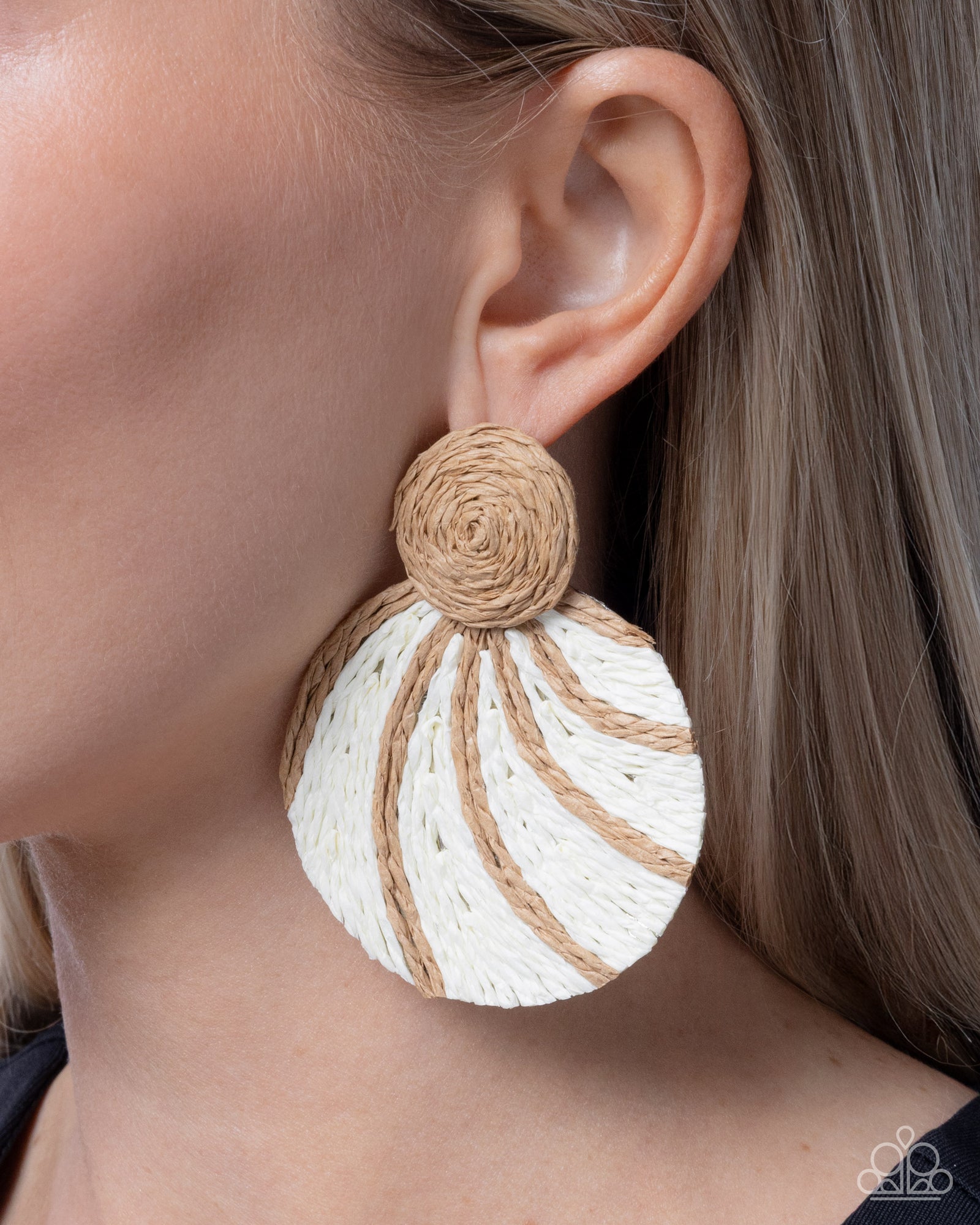 Woven Waltz White & Brown Raffia Earrings - Paparazzi Accessories- lightbox - CarasShop.com - Paparazzi Jewelry by Cara Jewels