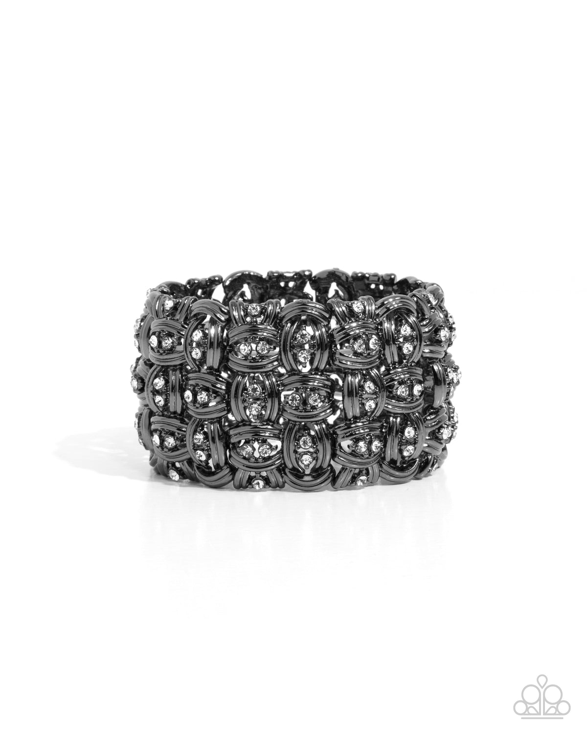 Woven Wardrobe Gunmetal Black & White Rhinestone Bracelet - Paparazzi Accessories- lightbox - CarasShop.com - Paparazzi Jewelry by Cara Jewels