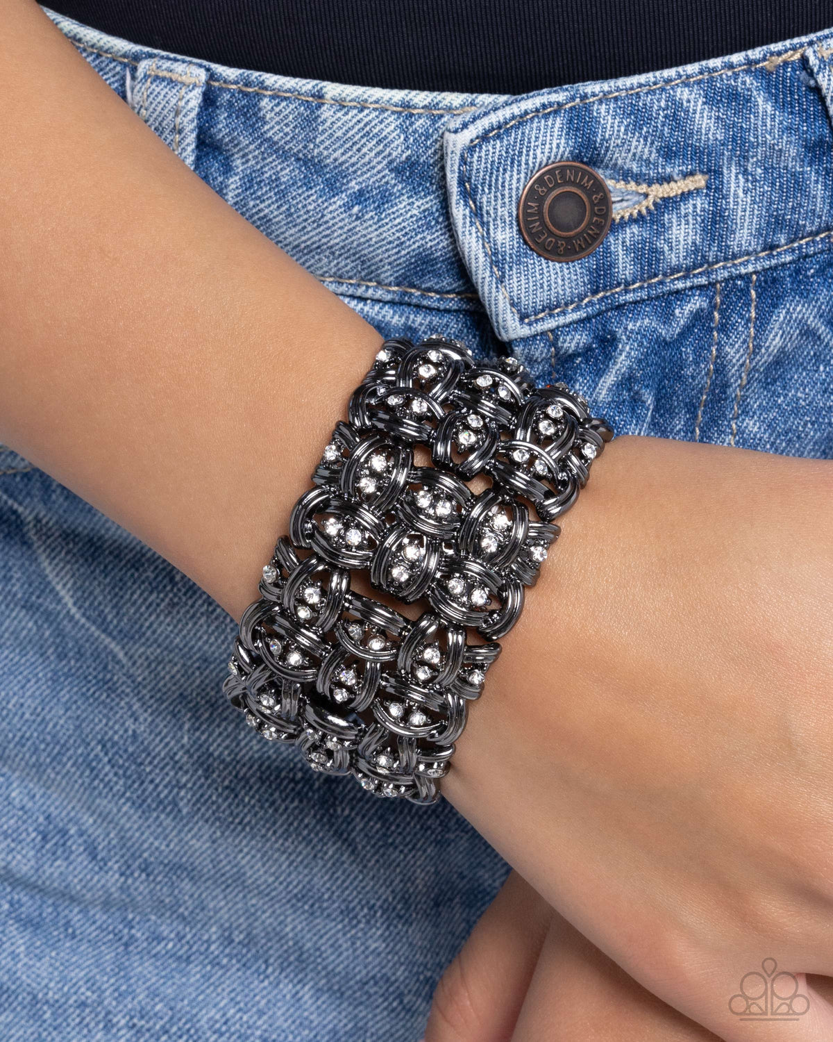 Woven Wardrobe Gunmetal Black & White Rhinestone Bracelet - Paparazzi Accessories- on model - CarasShop.com - Paparazzi Jewelry by Cara Jewels