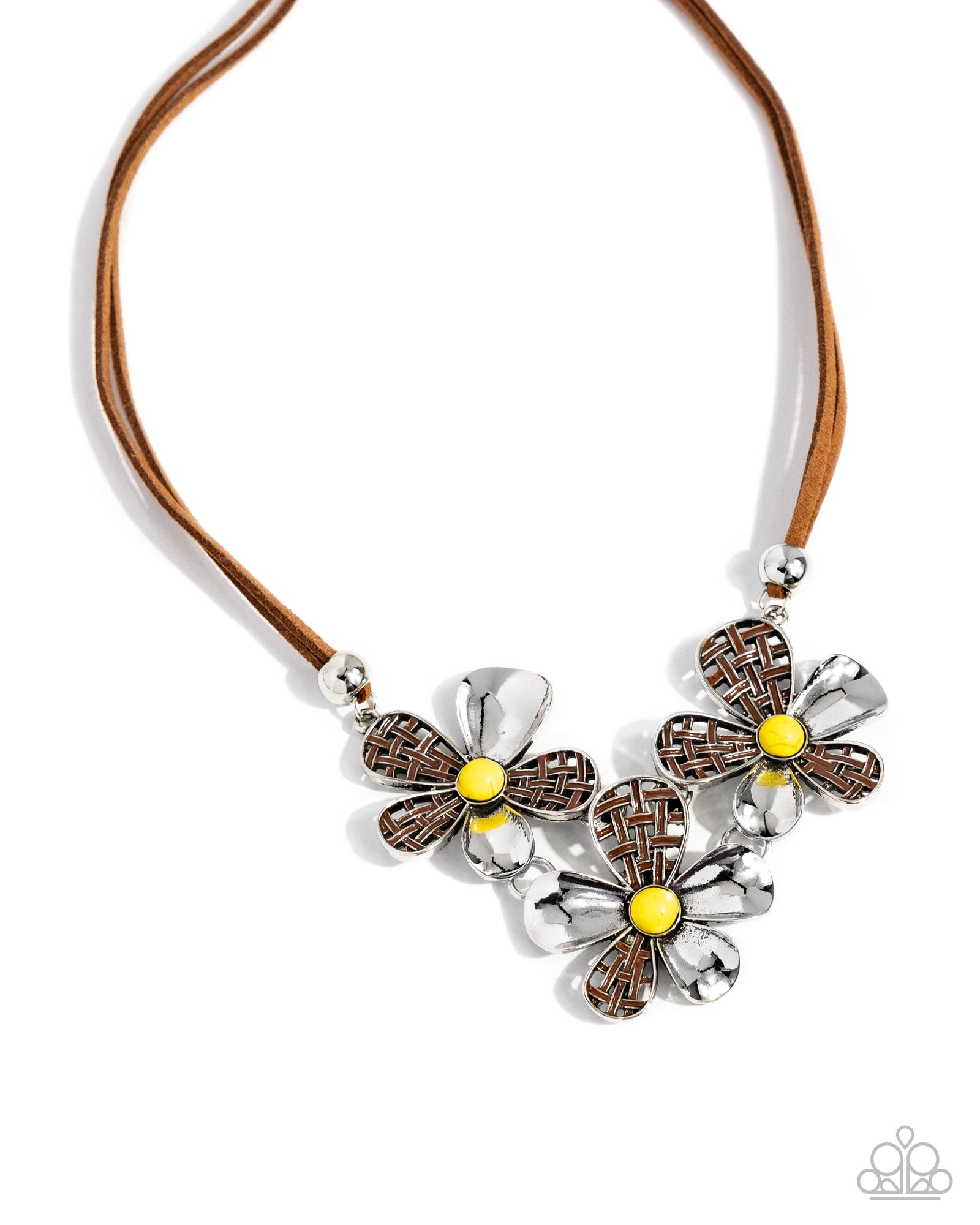 Woven Welcome Yellow & Brown Flower Necklace - Paparazzi Accessories- lightbox - CarasShop.com - Paparazzi Jewelry by Cara Jewels