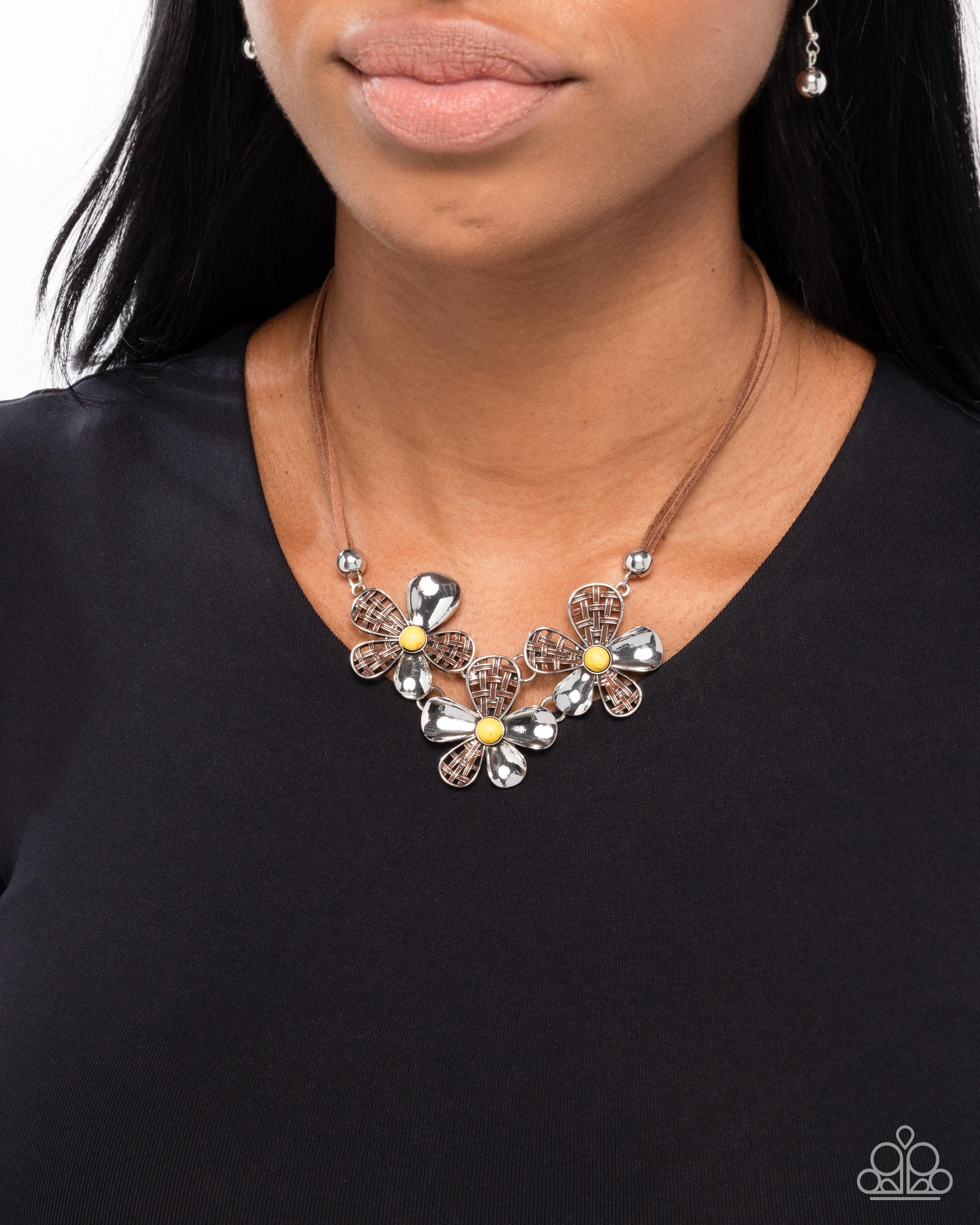 Woven Welcome Yellow & Brown Flower Necklace - Paparazzi Accessories- lightbox - CarasShop.com - Paparazzi Jewelry by Cara Jewels