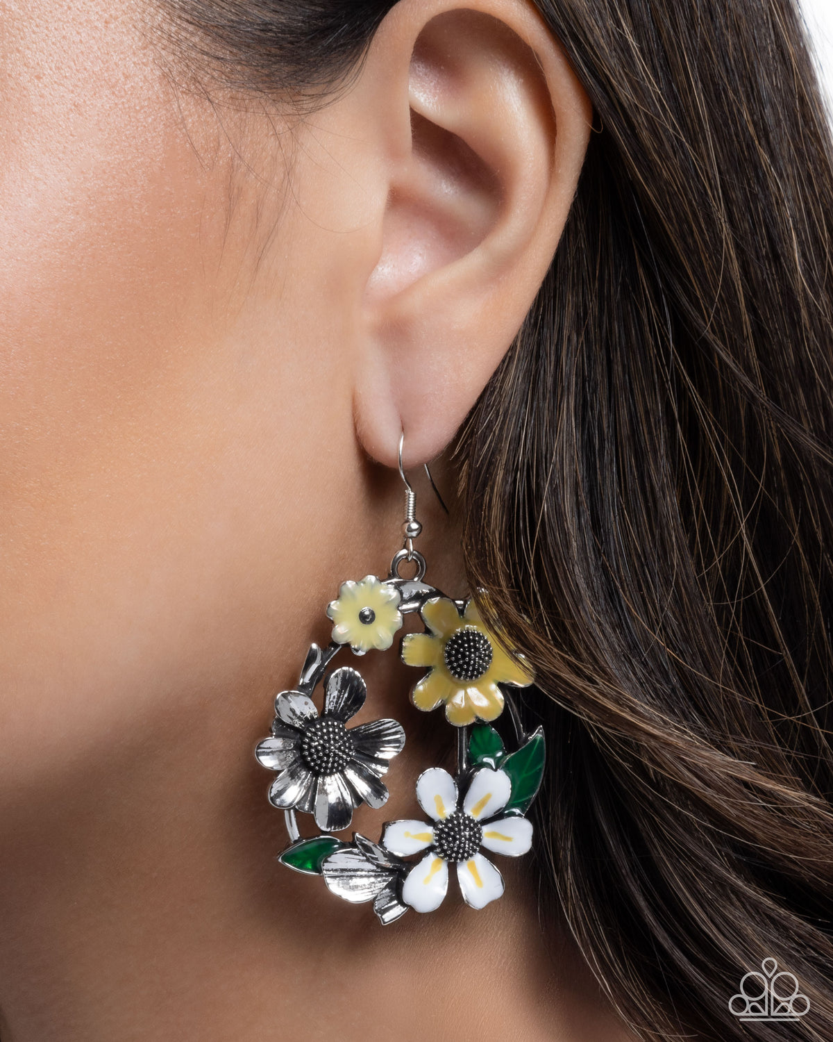Wreathed Weekday Yellow Floral Earrings - Paparazzi Accessories-on model - CarasShop.com - Paparazzi Jewelry by Cara Jewels