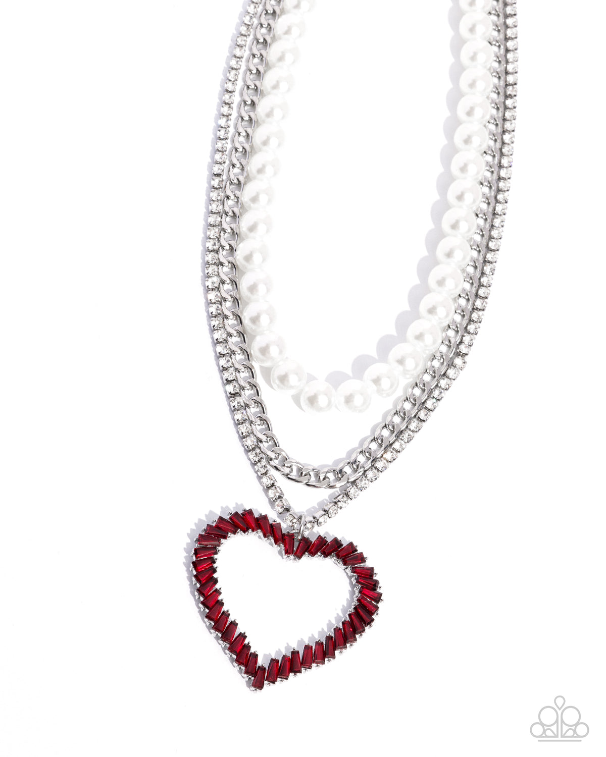Y2K Year Red Rhinestone Heart & White Pearl Necklace - Paparazzi Accessories- lightbox - CarasShop.com - Paparazzi Jewelry by Cara Jewels