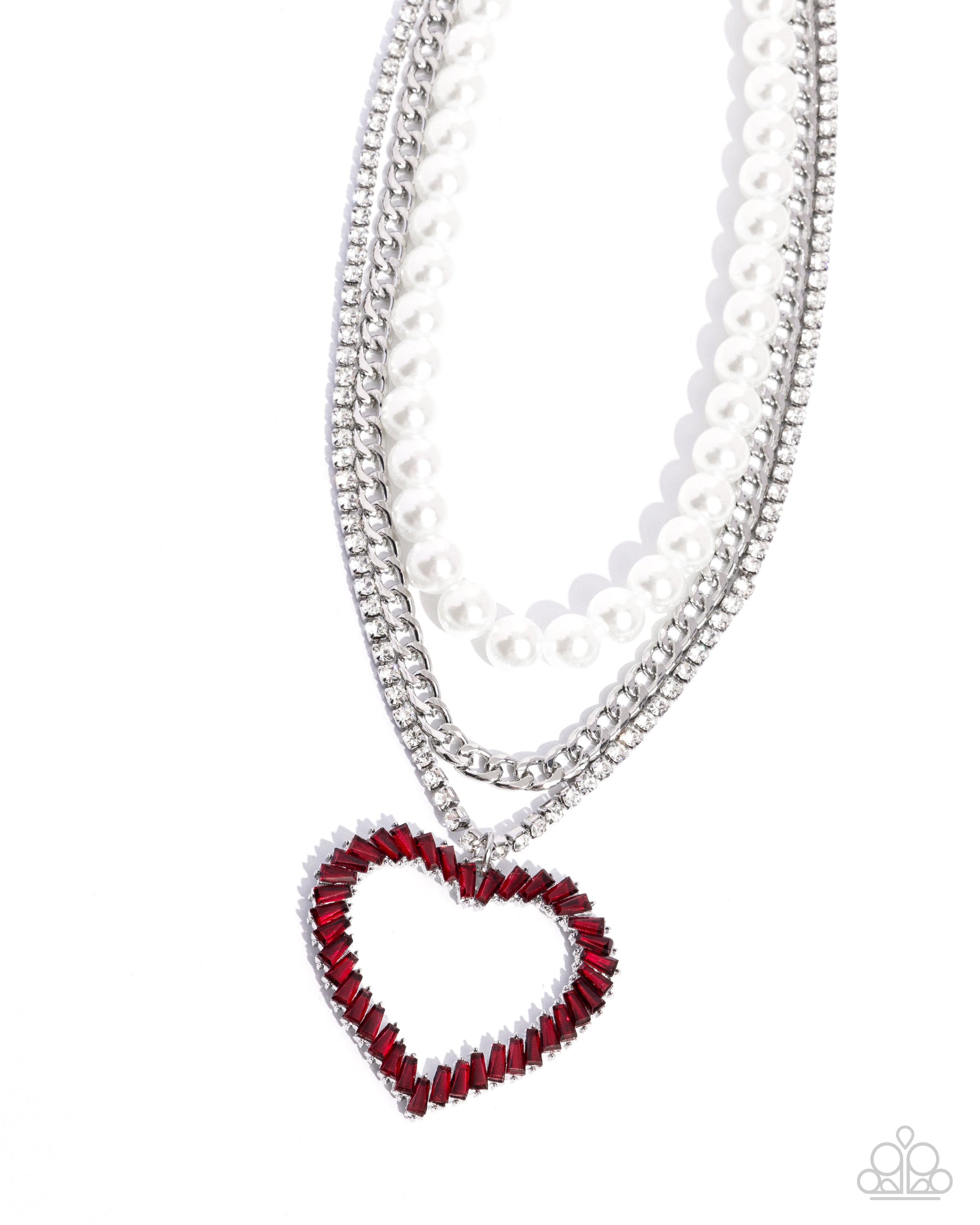 Y2K Year Red Rhinestone Heart & White Pearl Necklace - Paparazzi Accessories- lightbox - CarasShop.com - Paparazzi Jewelry by Cara Jewels