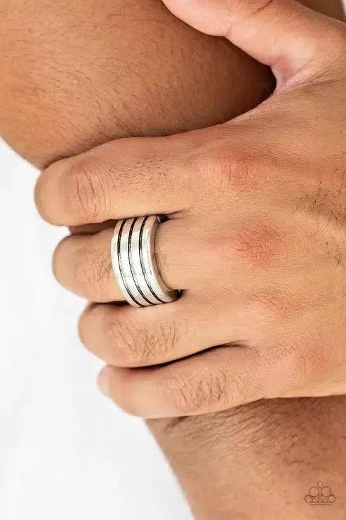Zip Line Men's Silver Ring - Paparazzi Accessories- on model - CarasShop.com - Paparazzi Jewelry by Cara Jewels