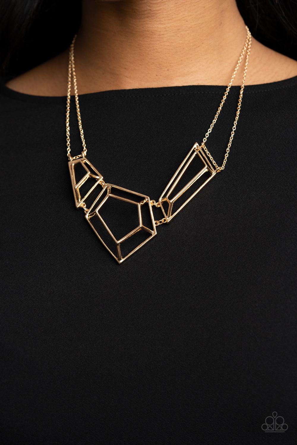 3-D Drama Gold Necklace - Paparazzi Accessories- on model - CarasShop.com - Paparazzi Jewelry by Cara Jewels