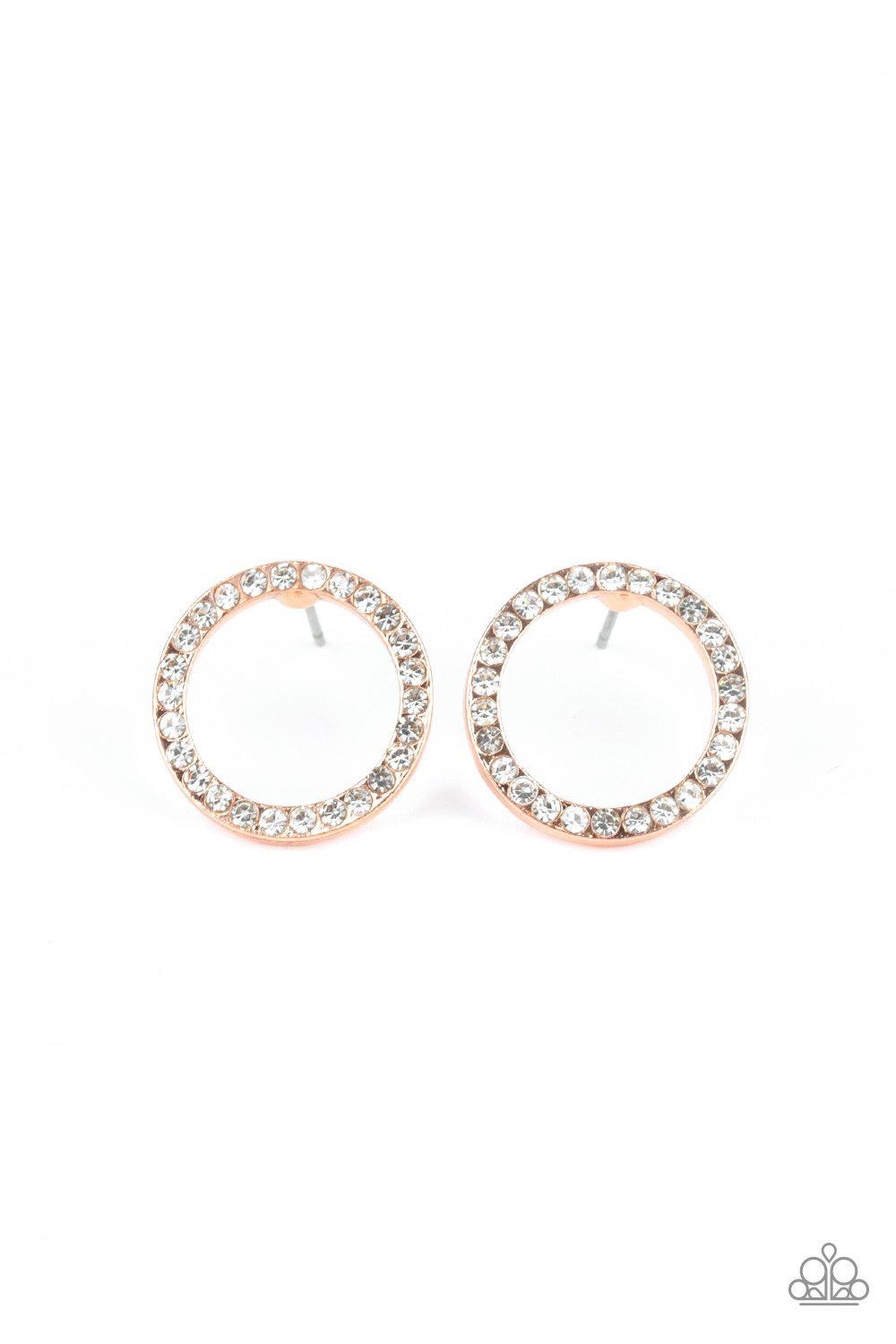 5th Ave Angel Copper and White Rhinestone Post Earrings - Paparazzi Accessories- lightbox - CarasShop.com - Paparazzi Jewelry by Cara Jewels
