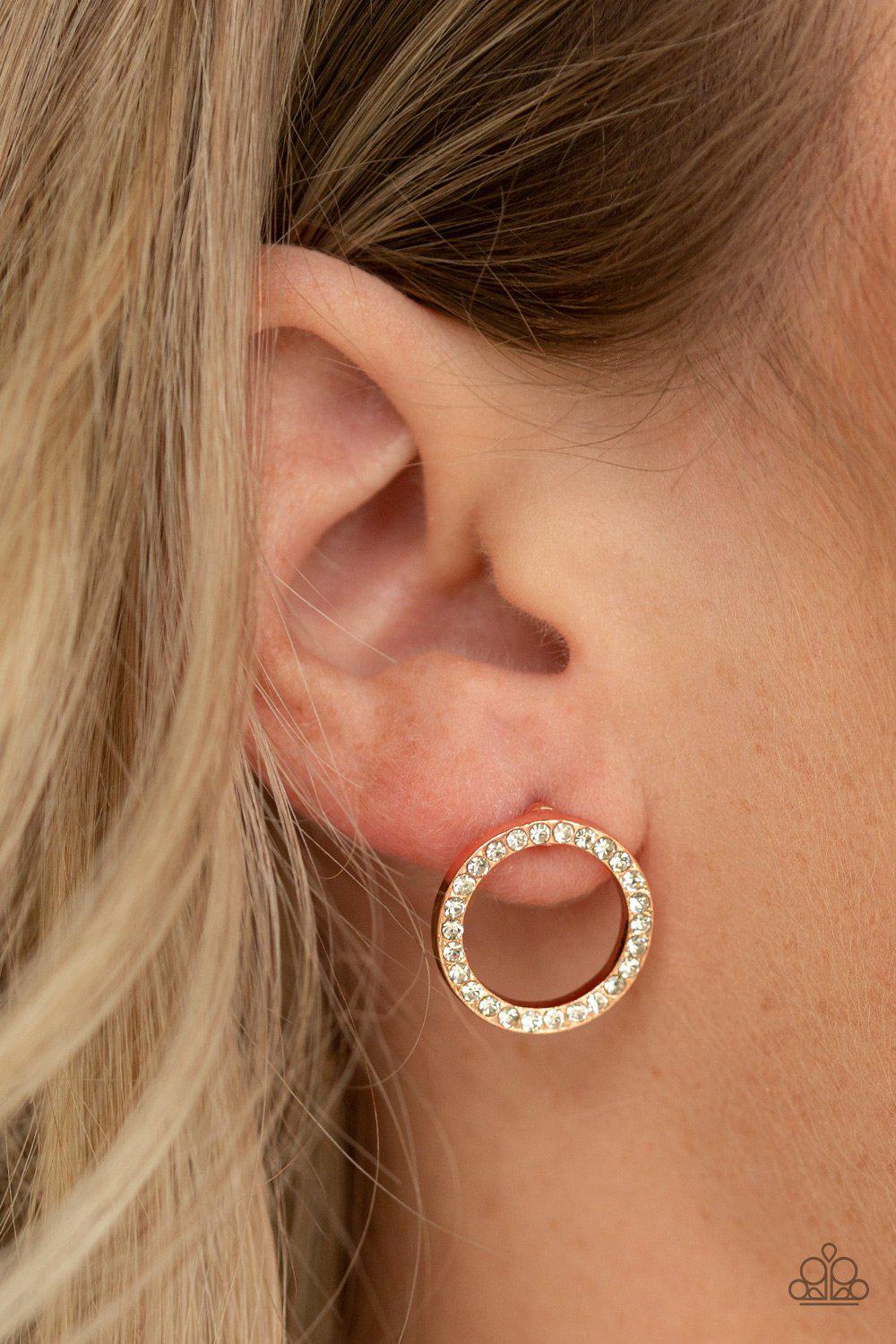 5th Ave Angel Copper and White Rhinestone Post Earrings - Paparazzi Accessories- on model - CarasShop.com - Paparazzi Jewelry by Cara Jewels