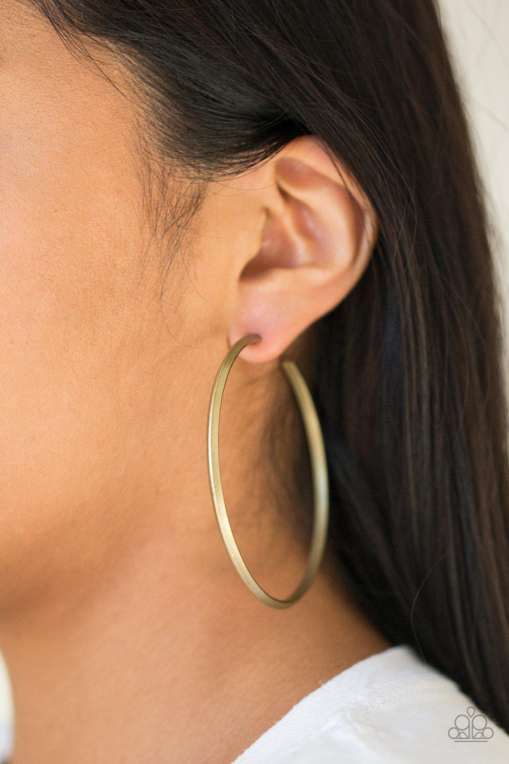 5th Avenue Attitude Brass Hoop Earrings - Paparazzi Accessories- on model - CarasShop.com - Paparazzi Jewelry by Cara Jewels