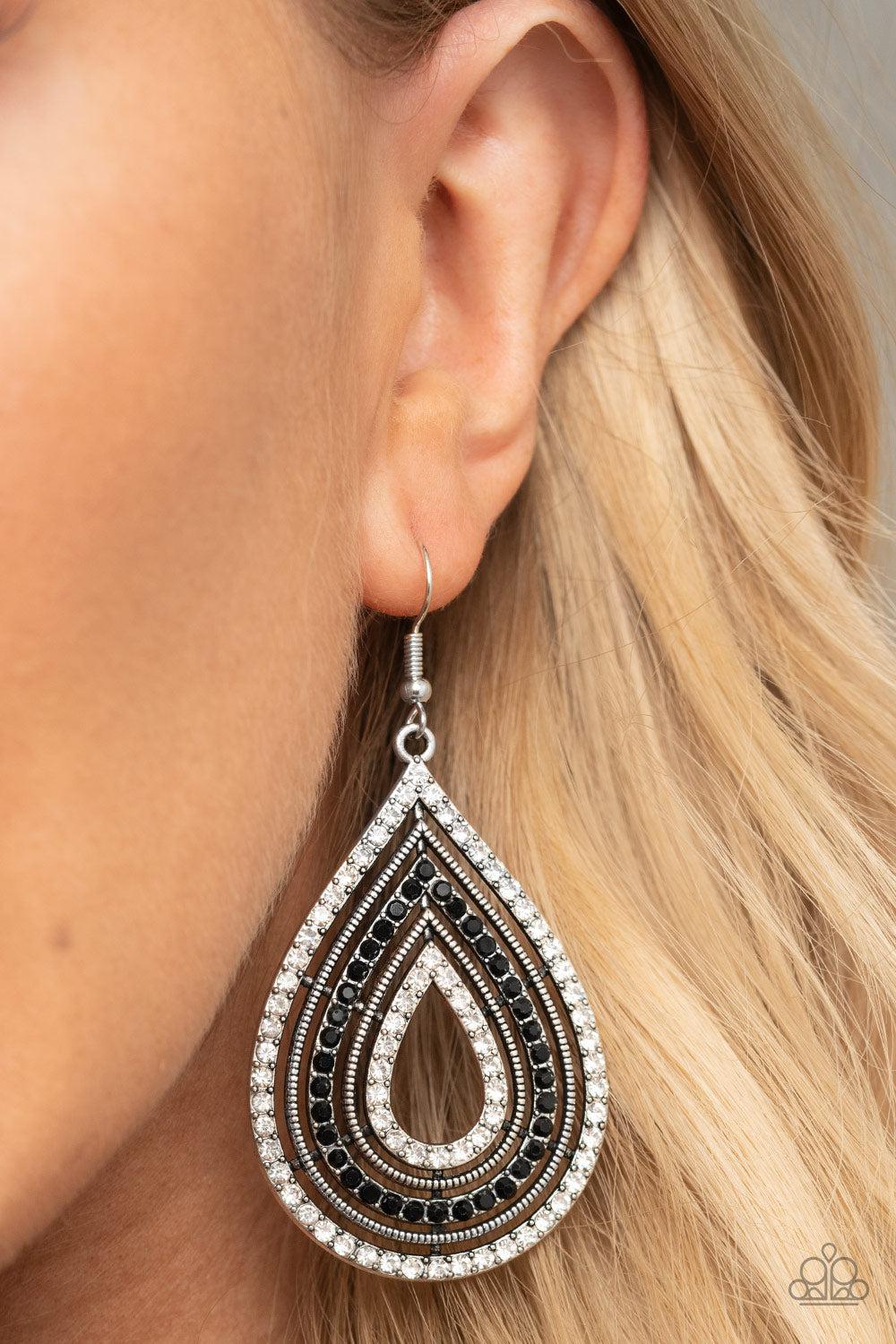 5th Avenue Attraction Black & White Rhinestone Earrings - Paparazzi Accessories- on model - CarasShop.com - Paparazzi Jewelry by Cara Jewels