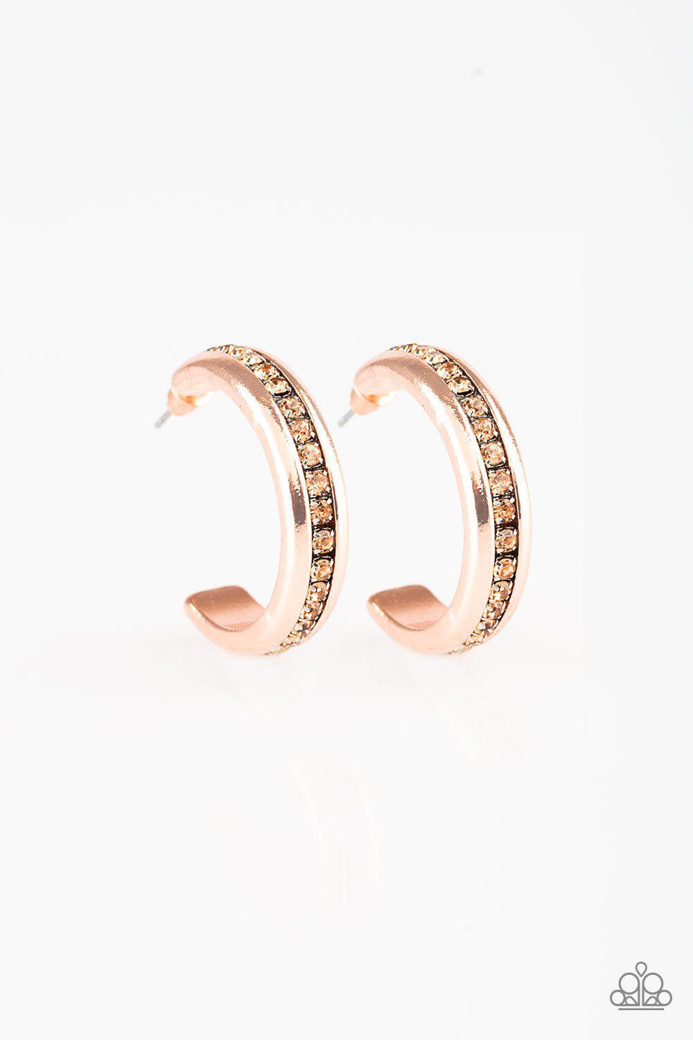 5th Avenue Fashionista Copper Rhinestone Hoop Earrings - Paparazzi Accessories- lightbox - CarasShop.com - Paparazzi Jewelry by Cara Jewels
