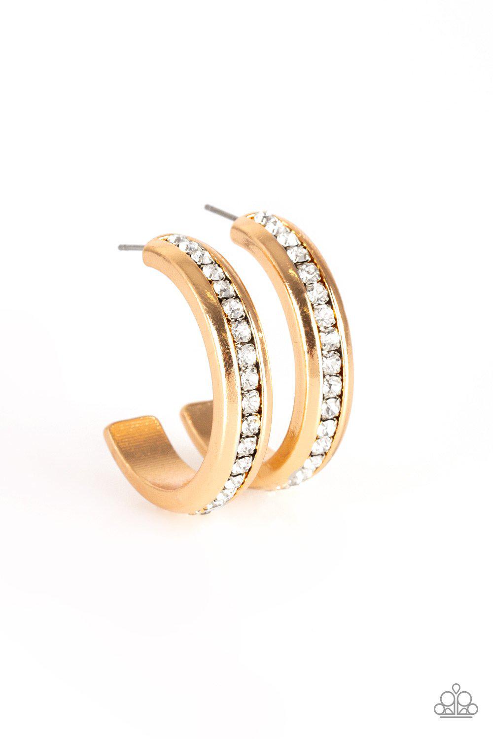 5th Avenue Fashionista Gold and White Hoop Earrings - Paparazzi Accessories- lightbox - CarasShop.com - Paparazzi Jewelry by Cara Jewels