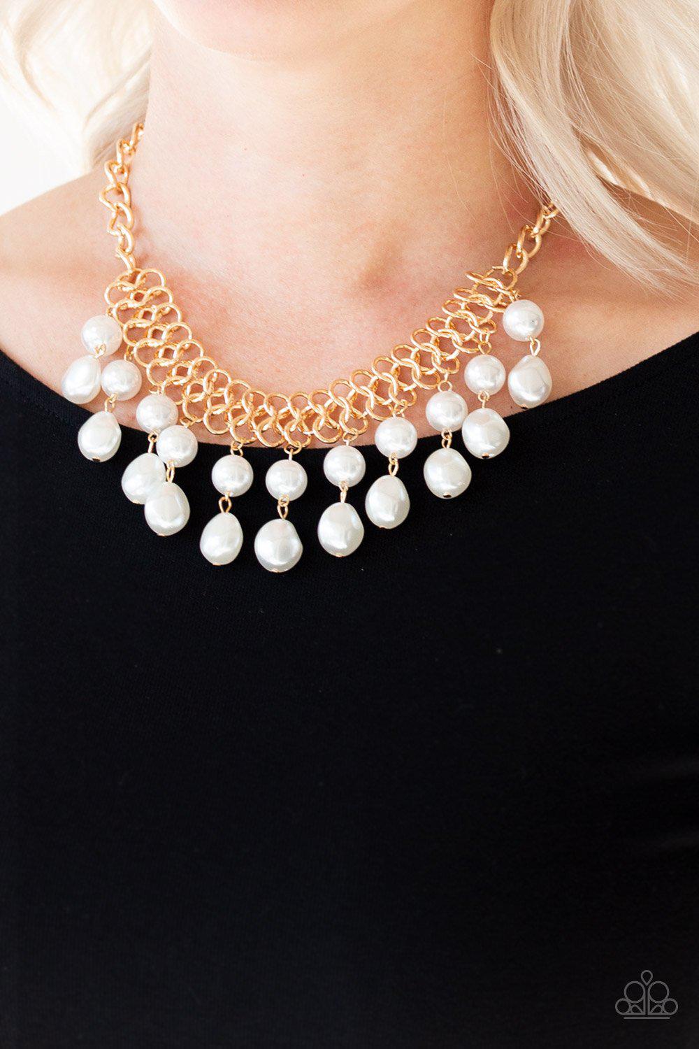 5th Avenue Fleek Gold and White Pearl Necklace - Paparazzi Accessories- on model - CarasShop.com - Paparazzi Jewelry by Cara Jewels