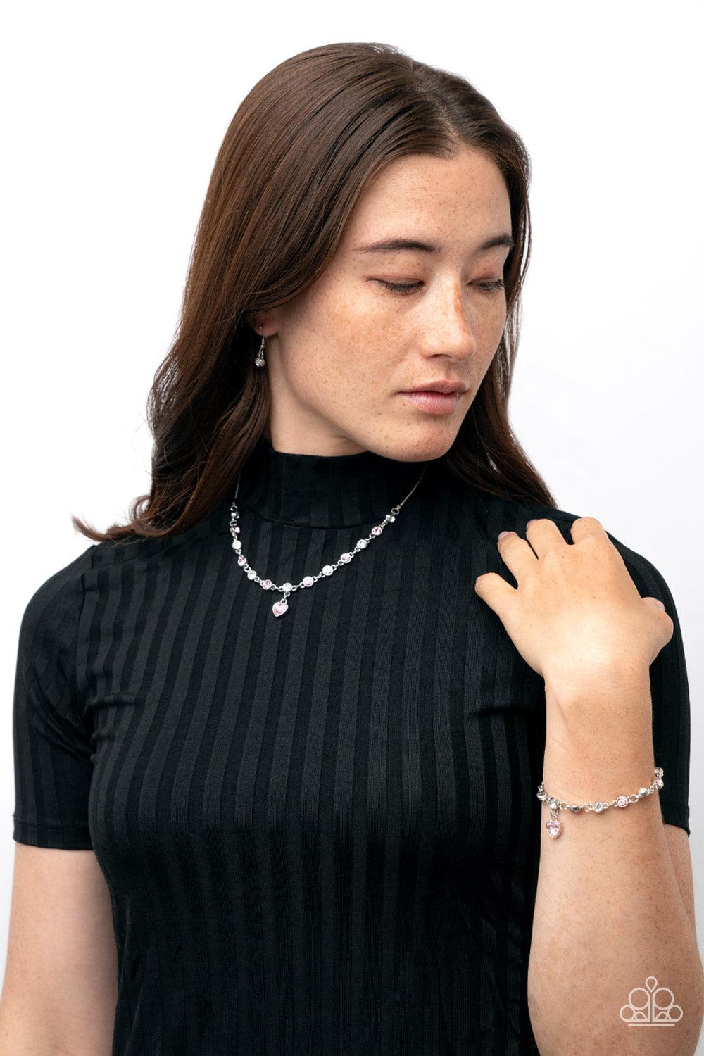 Truly Lovely Pink Rhinestone Heart Bracelet - Paparazzi Accessories- Stylized on model - CarasShop.com -Paparazzi Jewelry by Cara Jewels