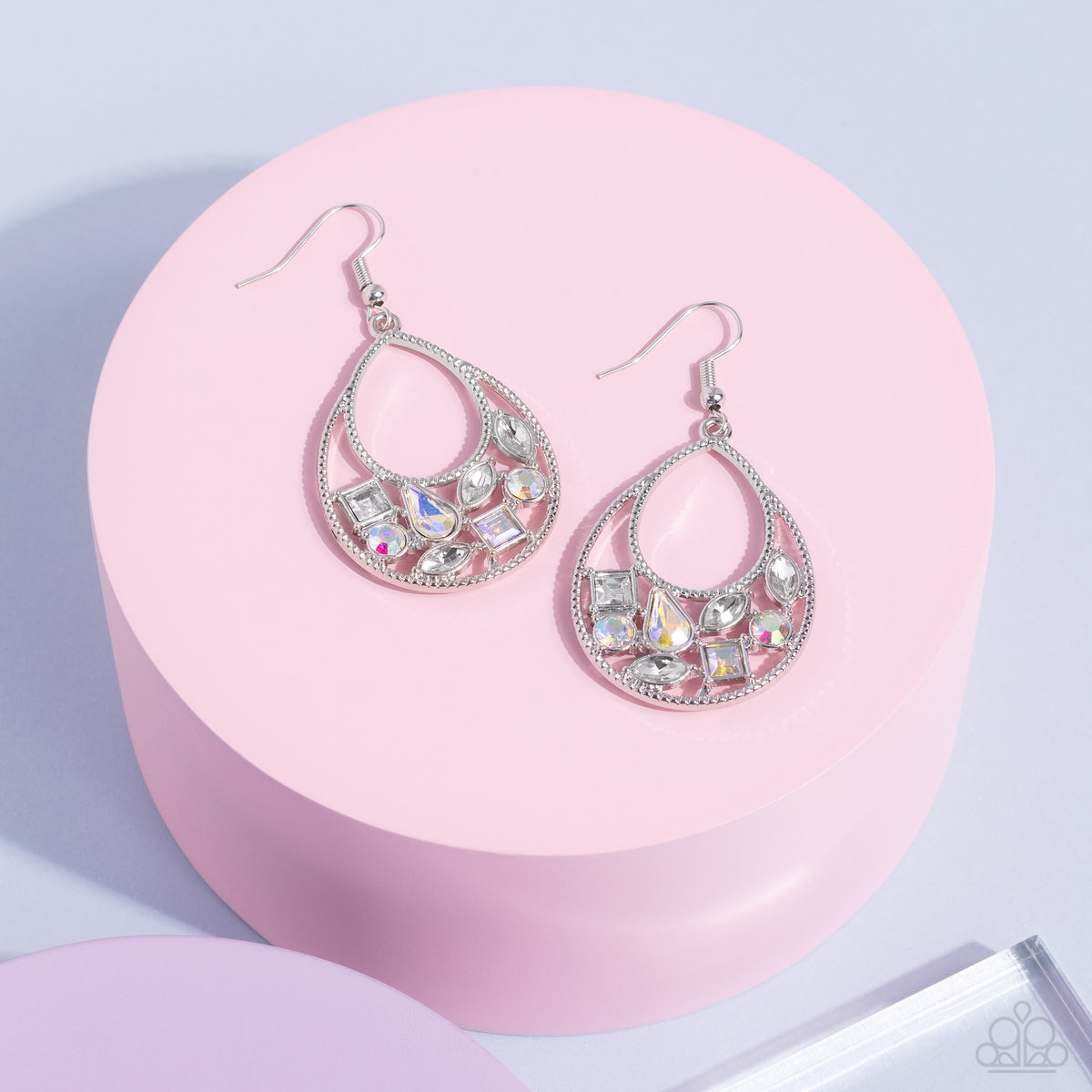 Regal Recreation White & Iridescent Rhinestone Earrings - Paparazzi Accessories