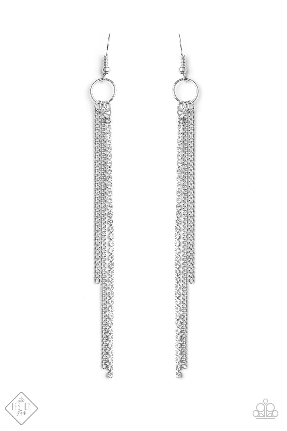 7 Days a SLEEK Silver and White Rhinestone Chain Earrings - Paparazzi Accessories- lightbox - CarasShop.com - Paparazzi Jewelry by Cara Jewels