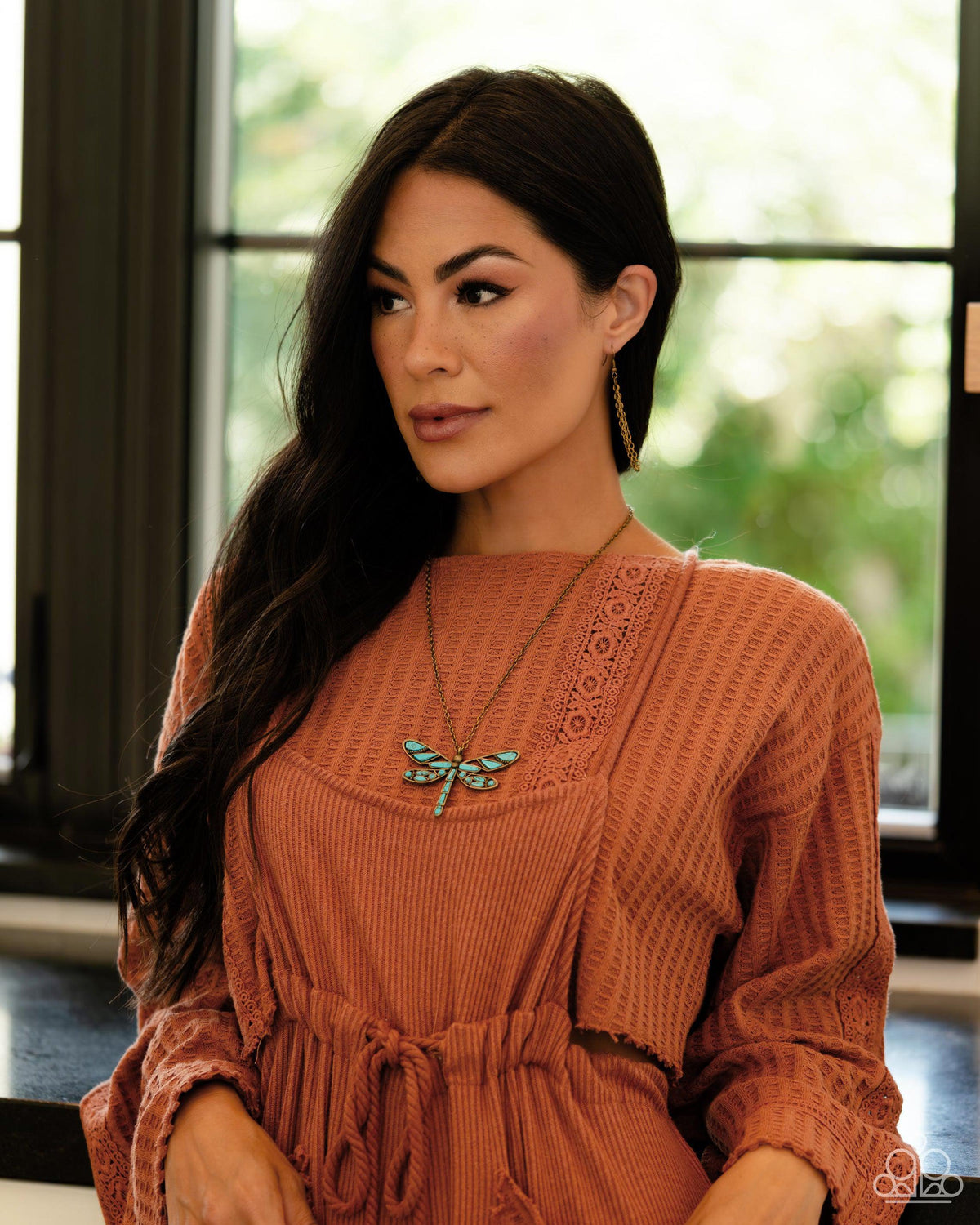 FLYING Low Brass & Turquoise Blue Stone Dragonfly Necklace - Paparazzi Accessories
