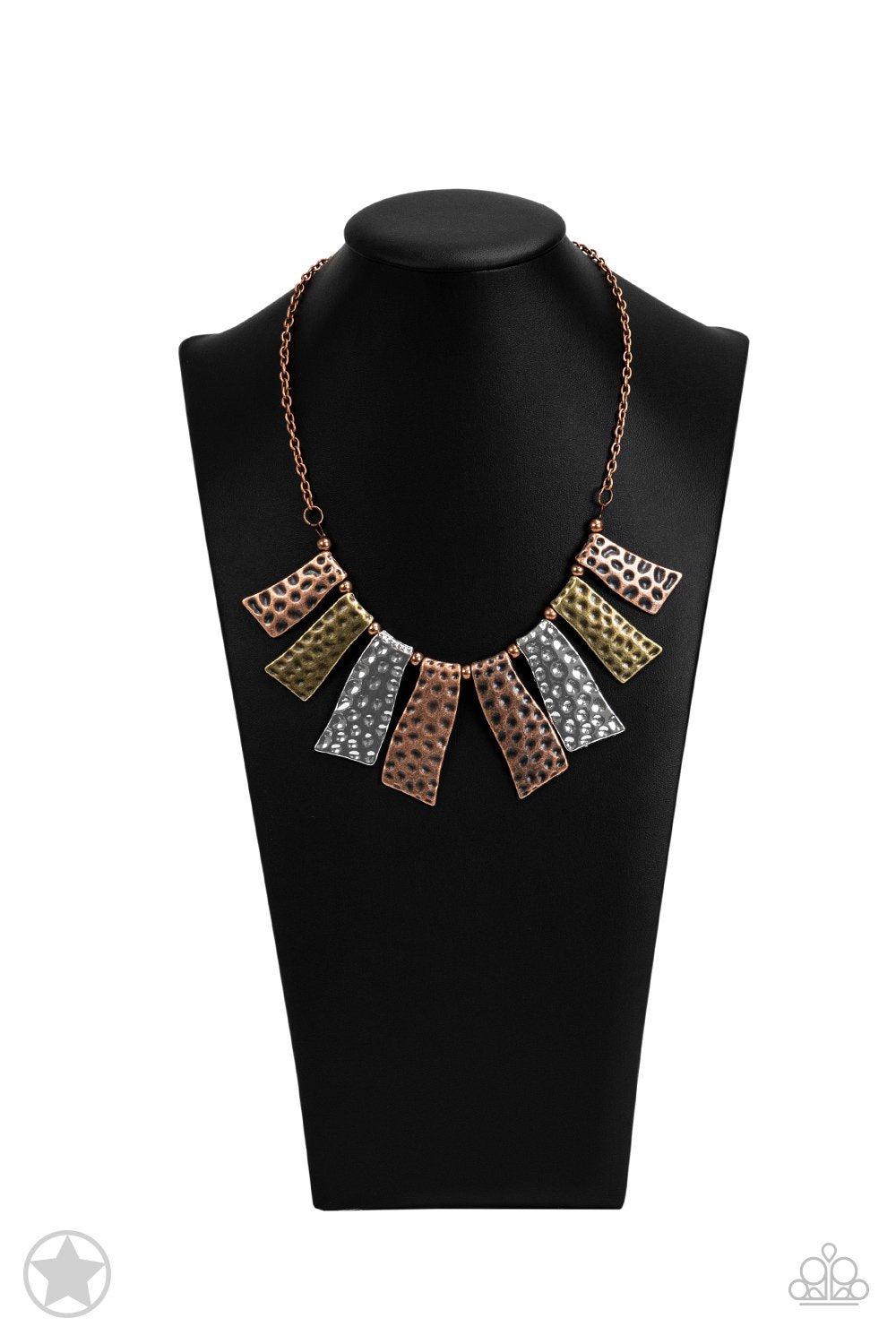 A Fan of the Tribe Copper, Silver and Brass Necklace and matching Earrings - Paparazzi Accessories- on bust -CarasShop.com - Paparazzi Jewelry by Cara Jewels