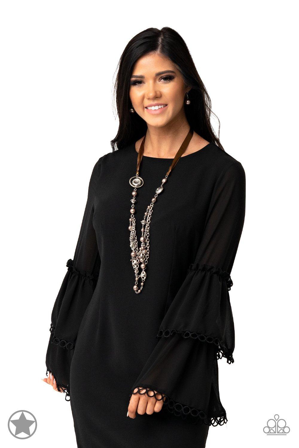 All The Trimmings Brown Ribbon Necklace - Paparazzi Accessories- stylized on model - CarasShop.com - Paparazzi Jewelry by Cara Jewels