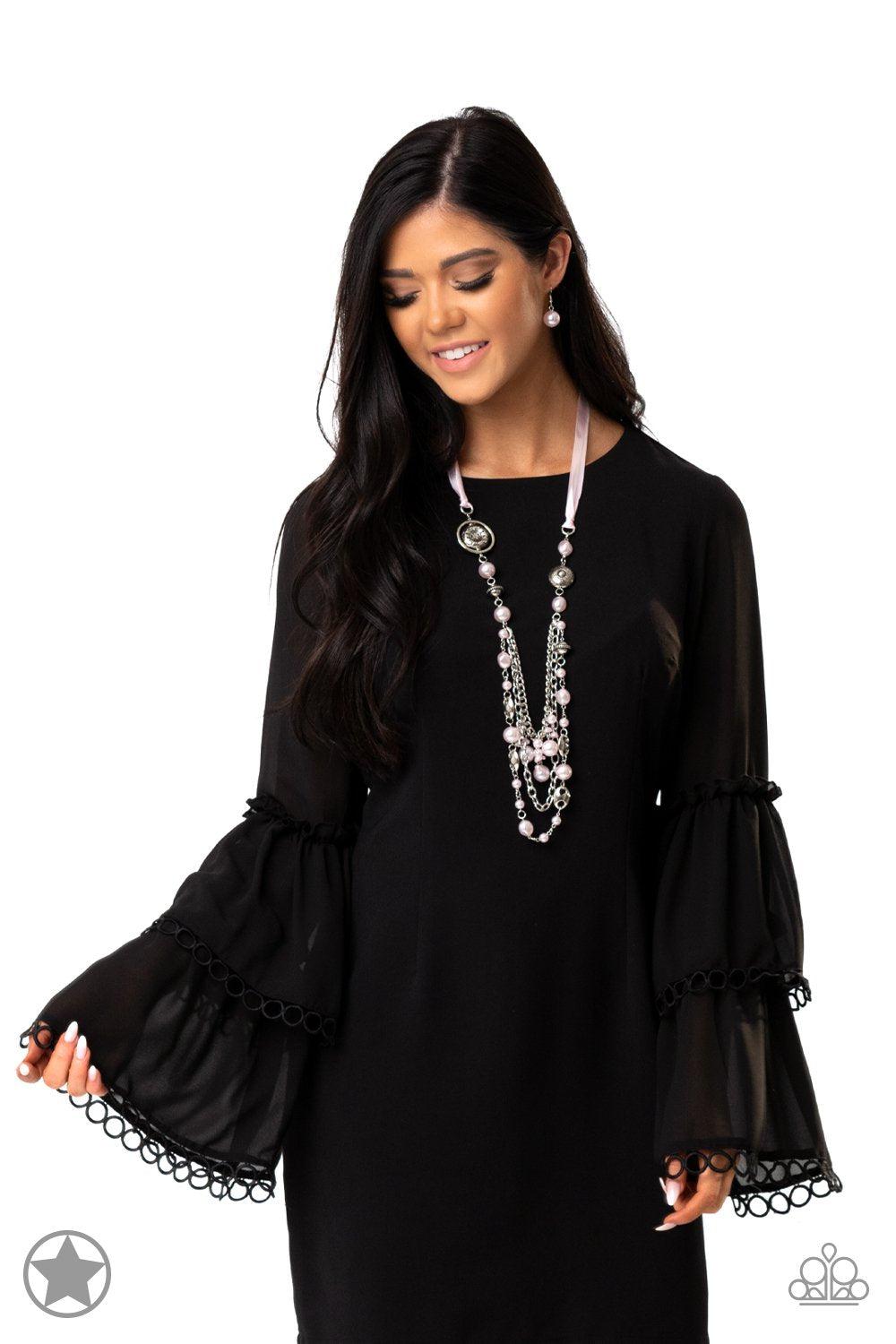 All The Trimmings Pink Ribbon Necklace - Paparazzi Accessories- stylized on model - CarasShop.com - Paparazzi Jewelry by Cara Jewels