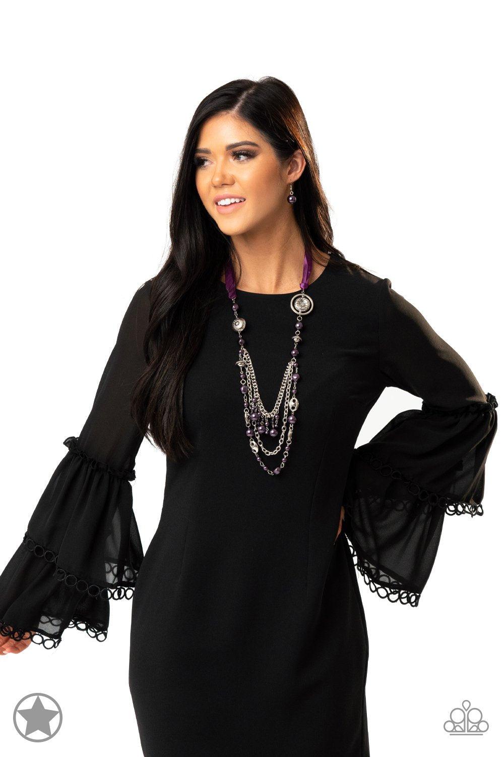 All The Trimmings Purple Ribbon Necklace - Paparazzi Accessories- stylized on model - CarasShop.com - Paparazzi Jewelry by Cara Jewels